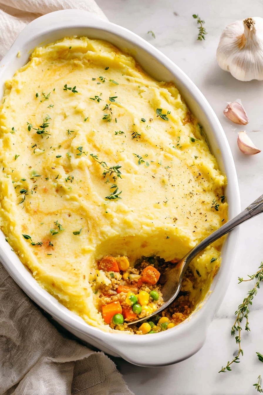 A white oval dish with two layers is shown on a white marbled surface. The top layer is smooth, creamy yellow mashed potatoes sprinkled with small green herb leaves. One corner of the potato layer is scooped to show the bottom layer, which is a mix of cooked vegetables including orange carrots, green peas, yellow corn, and some grains, all blended together. A silver spoon rests inside the dish near the scooped section. Around the dish, there are some garlic cloves, fresh thyme sprigs, and a light-colored cloth. Photo taken with an iphone --ar 2:3 --v 7 - Healthy Turkey Shepherd's Pie, healthy shepherd's pie with turkey, nutritious turkey meat pie, low-fat turkey shepherd's pie, healthy comfort food recipes