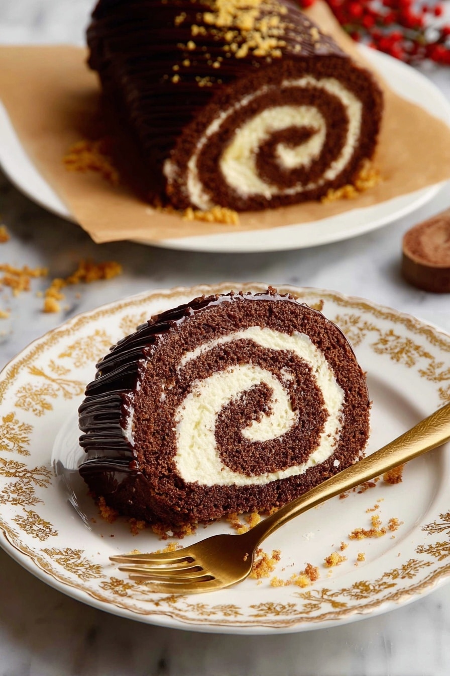 A slice of chocolate roll cake with two distinct layers is on a white plate with a gold floral pattern. The cake has a dark brown chocolate sponge layer rolled tightly with a creamy white filling, forming a spiral shape. The outside of the cake is covered with a shiny dark chocolate glaze with textured lines, and there are small golden crumbs sprinkled around the plate and on the cake. A gold fork rests on the plate, and in the background, the remaining cake roll sits on a white plate lined with parchment paper, with more golden crumbs scattered nearby on a white marbled surface. Photo taken with an iphone --ar 2:3 --v 7 - Chocolate Yule Log Cake, festive chocolate dessert, holiday yule log, Christmas chocolate cake, moist chocolate sponge