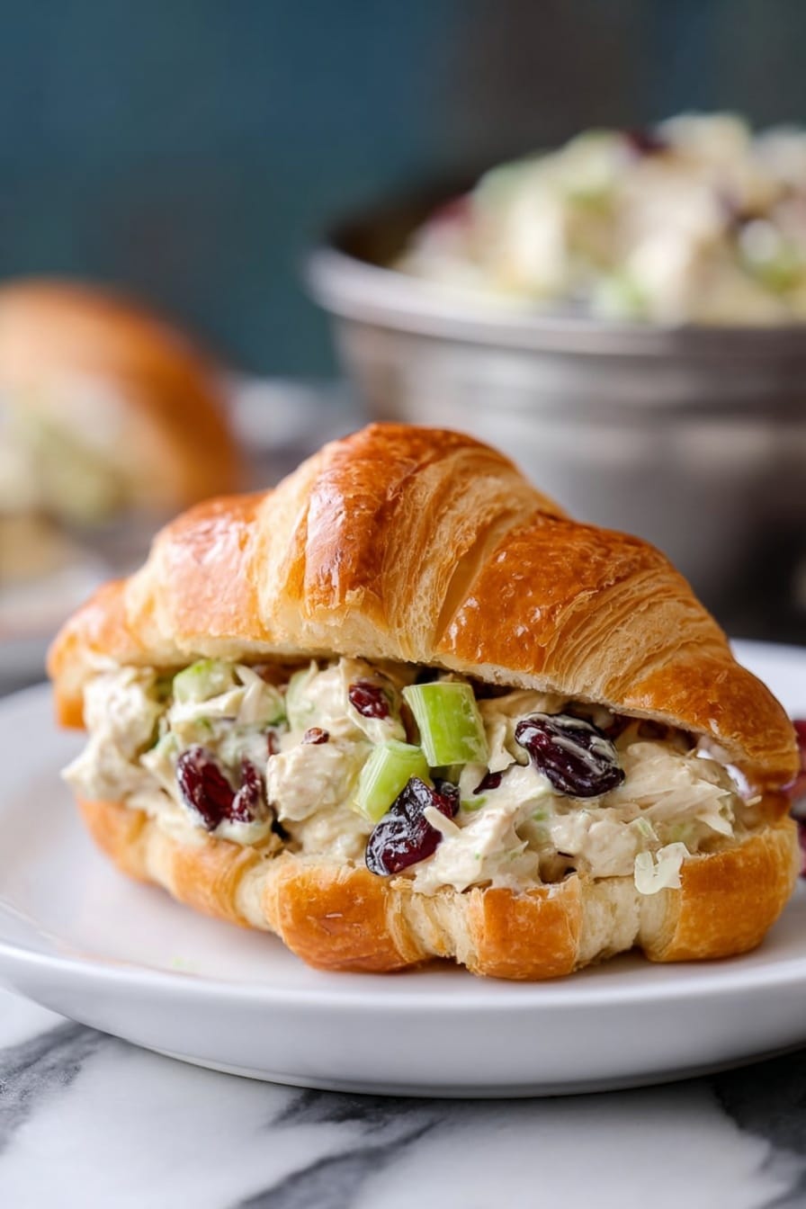 The image shows a croissant sandwich on a white plate set on a white marble surface. The croissant is golden brown and flaky, split open and filled with a creamy chicken salad. The chicken salad filling has visible chunks of white chicken meat, chopped green celery, dried dark red cranberries, and small pine nuts, all mixed in a light creamy dressing. The sandwich is centered in the image with a blurred background showing a metal bowl with more chicken salad. Photo taken with an iphone --ar 2:3 --v 7 - Cranberry Chicken Salad, Cranberry Chicken Salad Recipe, Chicken Salad with Cranberries, Easy Cranberry Chicken Salad, Healthy Chicken Salad