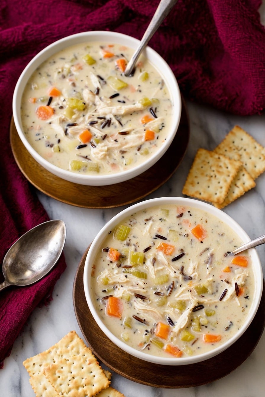 Two white bowls filled with thick creamy soup that has visible layers of orange carrot pieces, pale green celery chunks, shredded white meat, and small bits of dark wild rice mixed in. Each bowl sits on a round wooden plate with a spoon resting against it. Around the bowls are square saltine crackers placed on a white marbled surface. A deep red cloth is arranged to the side, adding a splash of color. Photo taken with an iphone --ar 2:3 --v 7 - Creamy Chicken and Wild Rice Soup, hearty chicken and wild rice soup, comforting chicken and rice soup, easy creamy wild rice soup, cozy chicken soup recipes