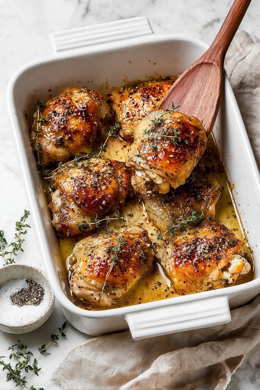 A white baking dish holds seven golden-brown roasted chicken thighs, each topped with small green herb sprigs and speckled with black pepper and seasoning. The chicken skin looks crispy and shiny with a mix of light and darker brown areas. A wooden spatula lifts one piece from the dish, showing the tender texture beneath the skin. The dish sits on a white marbled surface with a beige cloth napkin beside it and a small white bowl with black pepper and salt in the lower left corner. Some fresh herb sprigs lie scattered near the bowl. photo taken with an iphone --ar 2:3 --v 7 - Honey Mustard Chicken Thighs, easy baked chicken thighs, juicy chicken recipes, weeknight chicken dinner, flavorful chicken thigh recipes