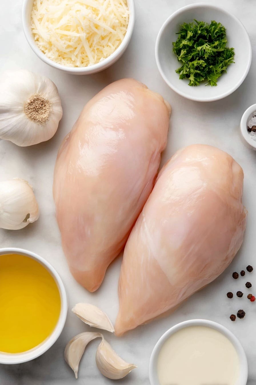 Flat lay of two large raw chicken breasts with smooth pale pink skin, a small mound of fine white cornflour powder, a small white ceramic bowl filled with golden oil, a peeled small white onion whole, three large peeled garlic cloves, a small white bowl of grated pale yellow parmesan cheese, a small white bowl of fresh bright green chopped parsley, a small white bowl of cream with a smooth surface, a small white bowl with light yellow lemon juice, a small white bowl with pale beige chicken stock, a scattering of whole black peppercorns, and a small pinch of coarse salt crystals all arranged with perfect symmetry on a clean white marble surface, soft natural light, photo taken with an iPhone, professional food photography style, fresh ingredients, white ceramic bowls, no bottles, no duplicates, no utensils, no packaging --ar 2:3 --v 7 --p m7354615311229779997 - Garlic Parmesan Chicken Skillet, Easy garlic Parmesan chicken, Creamy chicken skillet dinner, One-pan chicken with Parmesan, Quick weeknight chicken recipe