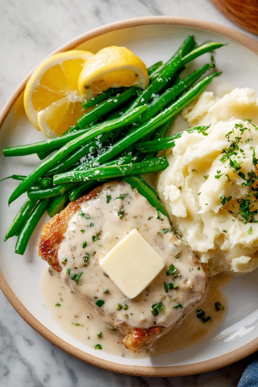 A white plate holds a meal with three main parts: mashed potatoes on the right topped with a square of butter and sprinkled with green herbs, bright green beans in the upper middle sprinkled with coarse salt, and a golden-brown piece of meat covered with creamy white sauce that has small green herb pieces, placed on the left. Two lemon wedges rest behind the green beans, adding bright yellow color. The plate sits on a white marbled background. photo taken with an iphone --ar 2:3 --v 7 - Garlic Parmesan Chicken Skillet, Easy garlic Parmesan chicken, Creamy chicken skillet dinner, One-pan chicken with Parmesan, Quick weeknight chicken recipe