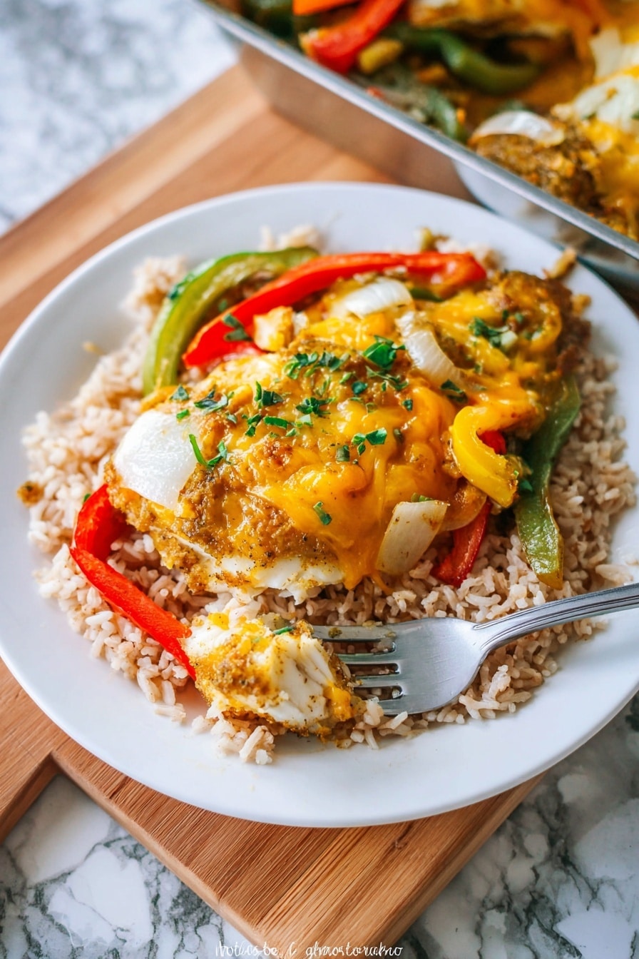 A white plate holds a bed of cooked rice with a light brown color as the base layer. On top of the rice is a large piece of cooked fish with a golden-brown crust. The fish is covered by a layer of melted orange-yellow cheese mixed with colorful cooked vegetables including yellow, green, and red bell peppers and white onion slices. Small green herbs are sprinkled over the dish. A silver fork with a bite of fish, some herbs, and a small piece of red pepper is placed on the plate’s edge. The plate rests on a wooden board with a white marbled textured surface in the background. Photo taken with an iphone --ar 2:3 --v 7 - Baked Chicken Fajitas, easy baked fajitas, healthy chicken fajitas, one-pan fajitas, quick dinner ideas