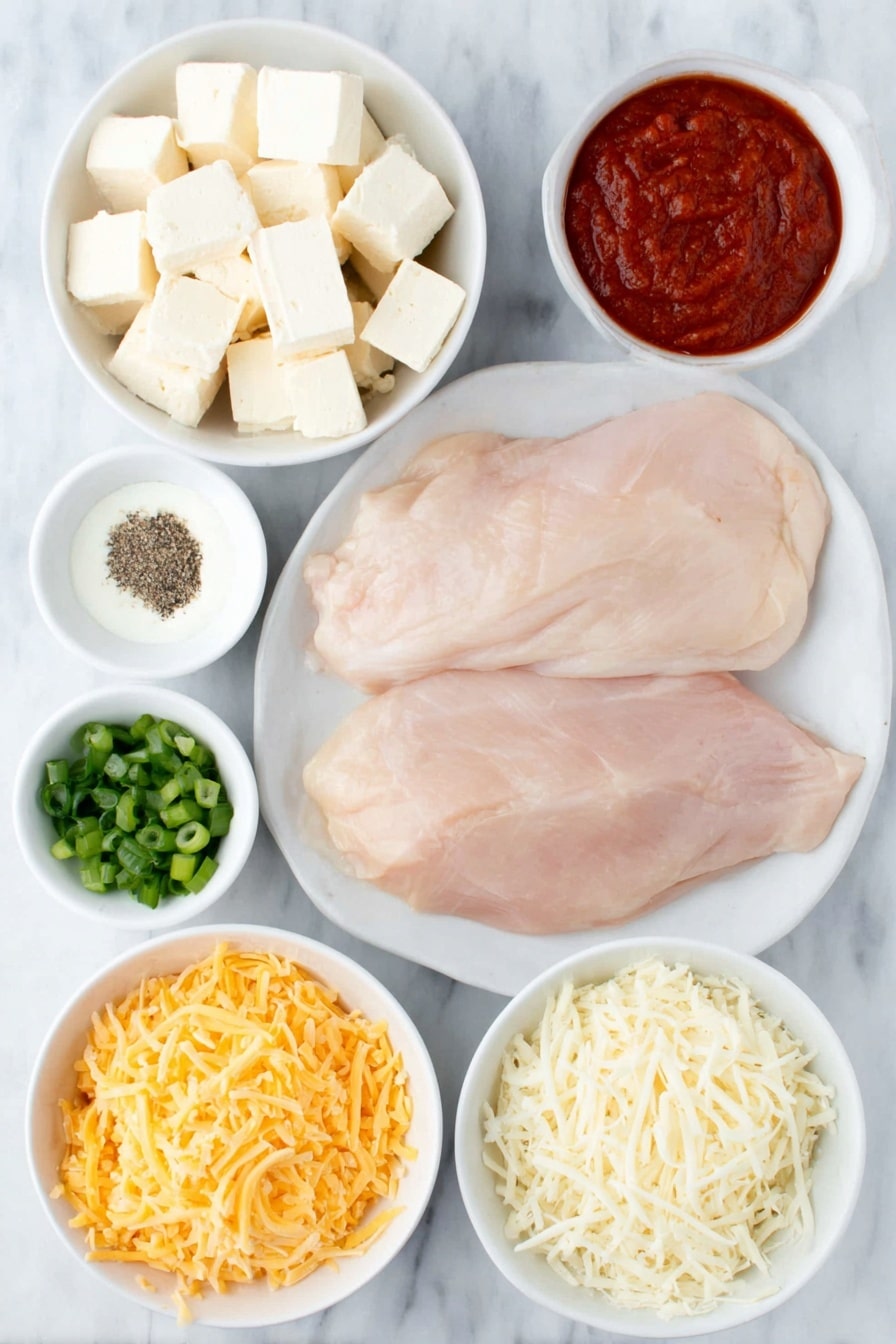 Flat lay of three large boneless skinless chicken breasts, cubed cream cheese, a small white bowl of ranch dressing, a small white bowl of bright red hot sauce, a small white bowl of freshly ground black pepper, a small white bowl of garlic powder, a small pile of chopped green onions, a small mound of shredded mozzarella cheese, and a small mound of shredded cheddar cheese, all arranged in perfect symmetry on simple white ceramic bowls and plates, placed on a clean white marble surface, soft natural light, photo taken with an iPhone, professional food photography style, fresh ingredients, white ceramic bowls, no bottles, no duplicates, no utensils, no packaging --ar 2:3 --v 7 --p m7354615311229779997 - Buffalo Chicken Dip, spicy chicken dip, easy party appetizers, creamy buffalo dip, game day appetizer