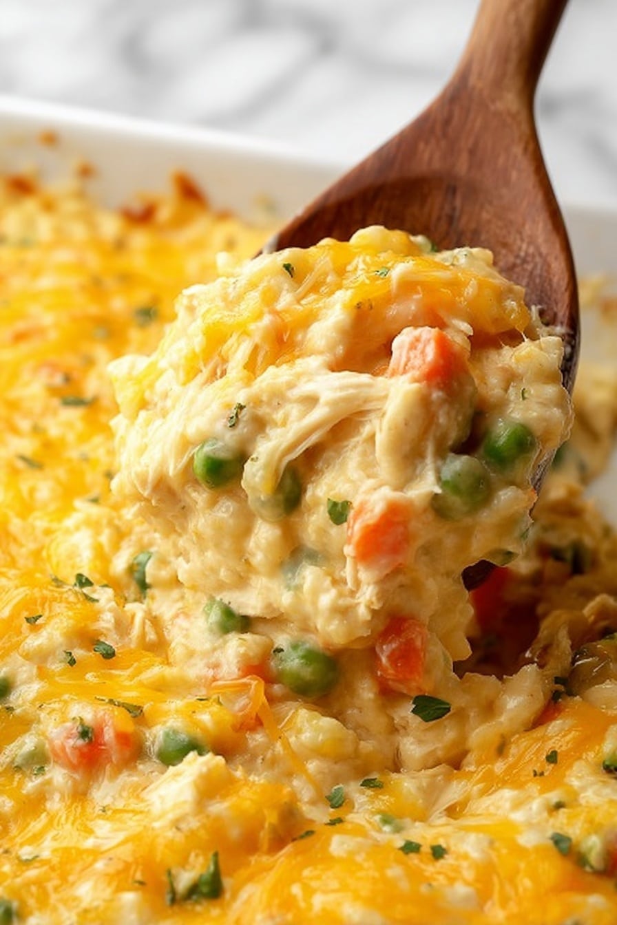 The image shows a close-up of a creamy, cheesy casserole being scooped with a wooden spoon. The dish has multiple layers visible in the spoonful: a top layer of melted yellow cheese, underneath which is a thick, creamy mixture with visible pieces of orange carrots, green peas, and shredded white chicken mixed throughout, all combined in a soft, smooth yellowish sauce. The casserole fills a white dish, and the background is a white marbled surface. Photo taken with an iphone --ar 2:3 --v 7 - Cheesy Chicken and Rice Casserole, chicken and rice casserole, cheesy chicken bake, easy comfort food casserole, homemade chicken casserole