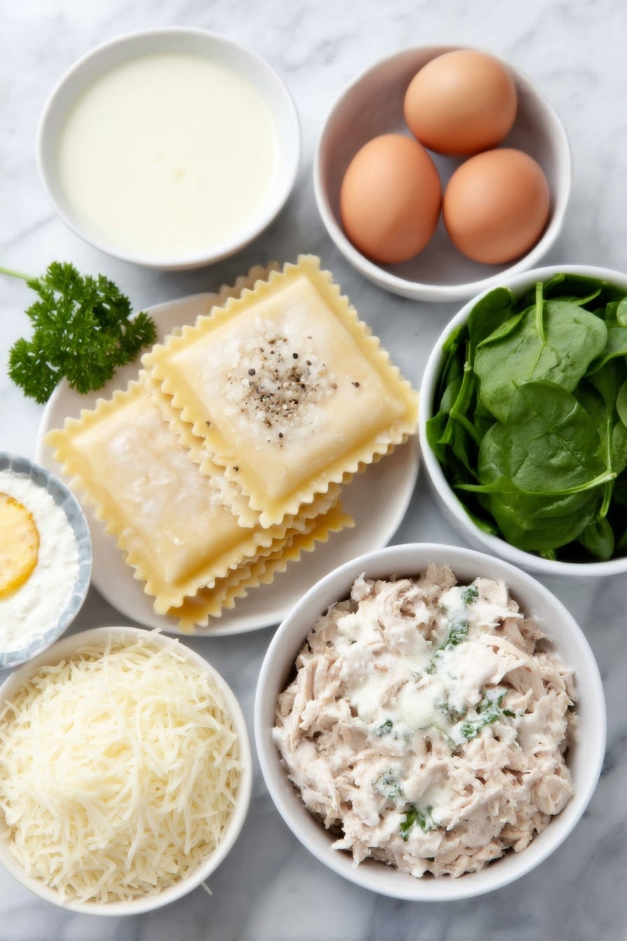 Flat lay of  uncooked flat lasagna noodles arranged neatly, three whole brown eggs with clean shells, a small mound of minced fresh garlic cloves, a small white ceramic bowl of heavy cream, a small white ceramic bowl of golden melted butter, a small white ceramic bowl filled with pale chicken broth, a small round wheel of creamy Boursin garlic and herb cheese, a handful of vibrant fresh spinach leaves, a small pile of shredded mozzarella cheese, a small white ceramic bowl of whole milk ricotta cheese dusted with black pepper, cooked shredded chicken arranged in a loose pile, a few sprigs of bright green fresh Italian parsley, all meticulously balanced and symmetrically placed on a clean white marble surface, soft natural light, photo taken with an iPhone, professional food photography style, fresh ingredients, white ceramic bowls, no bottles, no duplicates, no utensils, no packaging --ar 2:3 --v 7 --p m7354615311229779997 - Creamy Chicken Alfredo Lasagna, Chicken Alfredo lasagna, Creamy lasagna with chicken, Easy chicken lasagna recipe, Gourmet chicken Alfredo dish