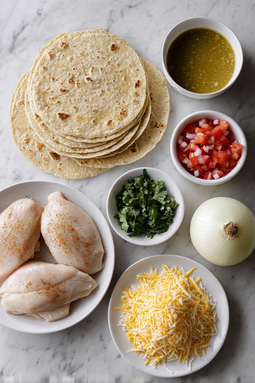 Flat lay of a stack of whole corn tortillas, two whole boneless skinless chicken breasts sprinkled with cumin and chili powder, a small white bowl of vegetable oil, a whole large diced onion, a small white bowl filled with green enchilada sauce, a simple white plate with a pile of grated cheddar and jack cheese blend, a small white bowl of sour cream, a small white bowl of diced fresh tomatoes, and a few sprigs of chopped cilantro arranged symmetrically, placed on a clean white marble surface, soft natural light, photo taken with an iPhone, professional food photography style, fresh ingredients, white ceramic bowls, no bottles, no duplicates, no utensils, no packaging --ar 2:3 --v 7 --p m7354615311229779997 - Easy Chicken Enchiladas, Chicken Enchiladas, Best Chicken Enchiladas, Simple Chicken Enchiladas, Delicious Chicken Enchiladas