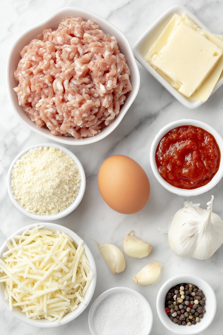 Flat lay of a small mound of fresh, pale pink ground chicken, one whole clean brown egg, a small white ceramic bowl filled with finely ground almond flour, a small white ceramic bowl with finely grated pale yellow parmesan cheese, three peeled garlic cloves, a small white ceramic bowl containing a vibrant red marinara sauce, a small white ceramic bowl with shredded white mozzarella cheese, a few whole black peppercorns, a small white ceramic bowl of pale beige onion powder, and a small pinch of coarse white salt crystals, all arranged with perfect symmetry in a balanced layout, placed on a clean white marble surface, soft natural light, photo taken with an iPhone, professional food photography style, fresh ingredients, white ceramic bowls, no bottles, no duplicates, no utensils, no packaging --ar 2:3 --v 7 --p m7354615311229779997 - Baked Chicken Parmesan Meatballs, Italian meatball recipe, healthy chicken meatballs, baked meatball appetizers, cheesy chicken meatballs