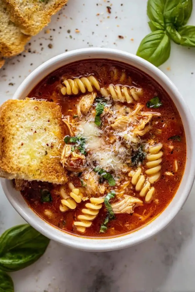 Chicken Parmesan Soup with Mozzarella Croutons Recipe