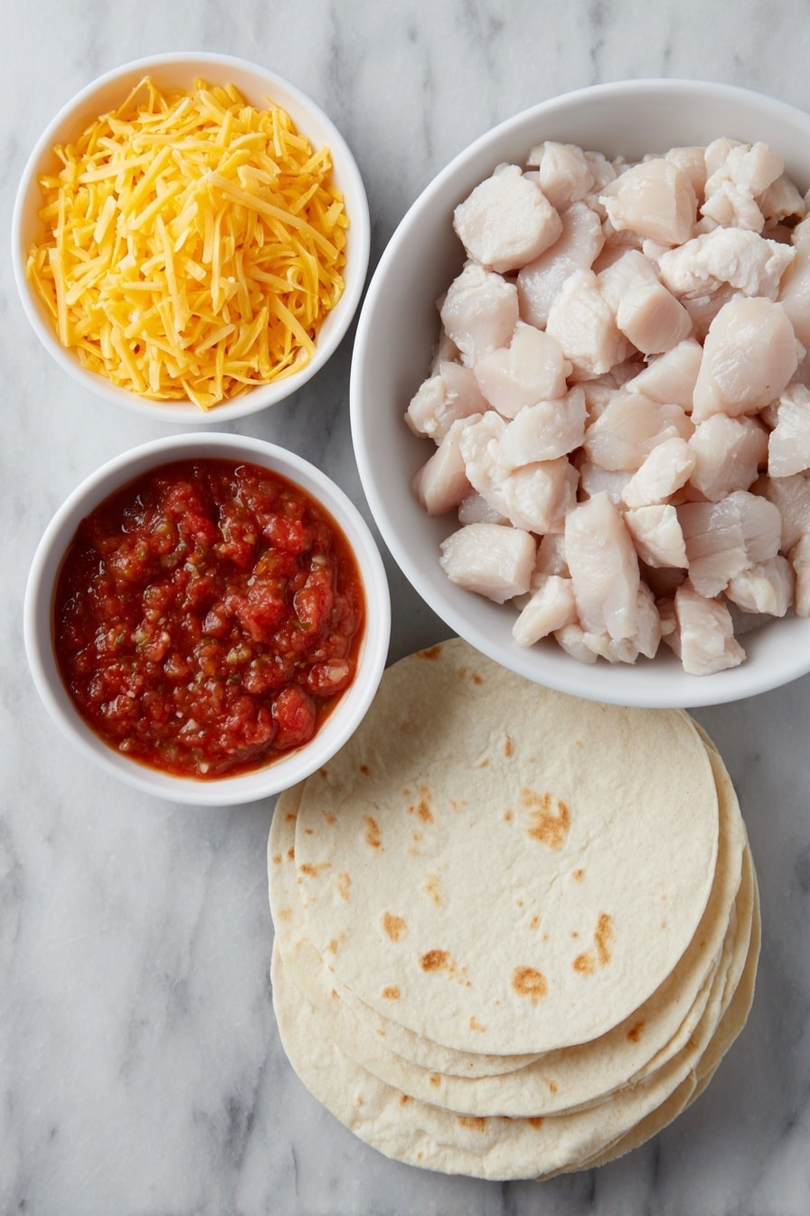 Flat lay of diced cooked chicken in a simple white ceramic bowl, a small white bowl filled with vibrant red salsa, a small white bowl holding bright orange shredded sharp cheddar cheese, a stack of fresh, soft flour tortillas slightly fanned out, placed on a clean white marble surface, soft natural light, photo taken with an iPhone, professional food photography style, fresh ingredients, white ceramic bowls, no bottles, no duplicates, no utensils, no packaging --ar 2:3 --v 7 --p m7354615311229779997 - Cheesy Chicken Quesadilla Casserole, cheesy chicken casserole, easy quesadilla bake, cheesy chicken dinner, quick chicken casserole