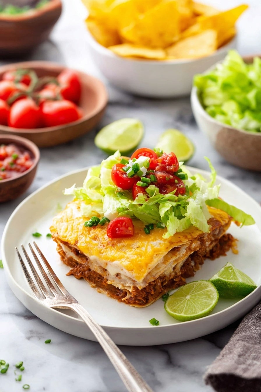 The image shows a white plate on a white marbled surface holding one slice of a layered tortilla dish with four visible layers of tortilla and a filling of shredded meat mixed with sauce, topped with melted cheese that is light golden and slightly bubbly. On top of the slice is a fresh layer of chopped green lettuce, bright red cherry tomato halves, small green onion pieces, and chunky reddish salsa. On the right side of the plate, there are two lime wedges. A silver fork rests on the plate at the front left, with its tines near the food. In the background, there is a white bowl full of yellow tortilla chips and a small white bowl of red salsa, along with a blurred white bowl of more chopped lettuce and a small dark bowl of cherry tomatoes. Photo taken with an iphone --ar 2:3 --v 7 - Cheesy Chicken Quesadilla Casserole, cheesy chicken casserole, easy quesadilla bake, cheesy chicken dinner, quick chicken casserole