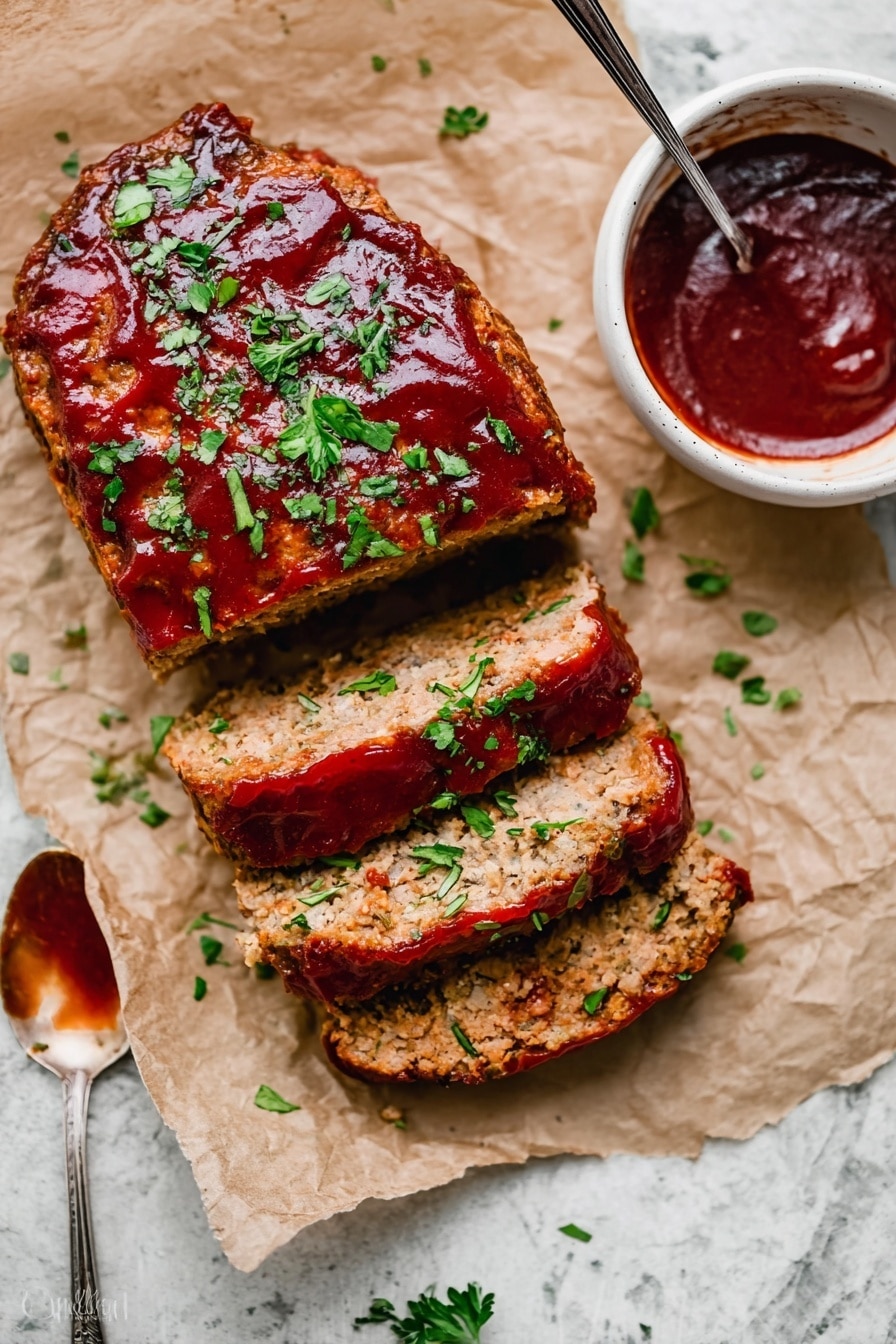 The image shows a sliced meatloaf placed on brown parchment paper over a white marbled surface. The meatloaf has three thick slices cut from a larger piece, each slice topped with a glossy layer of reddish-brown sauce and sprinkled with fresh green chopped herbs. To the right side, there is a small white bowl filled with the same sauce, and above the meatloaf, a silver spoon with some sauce on it lies on the parchment paper. The meatloaf's texture looks tender with a slightly browned crust, and the overall scene is bright and inviting. photo taken with an iphone --ar 2:3 --v 7 - Healthy Ground Turkey Meatloaf, healthy turkey meatloaf, easy healthy dinner, low-fat meatloaf recipe, nutritious ground turkey dinner