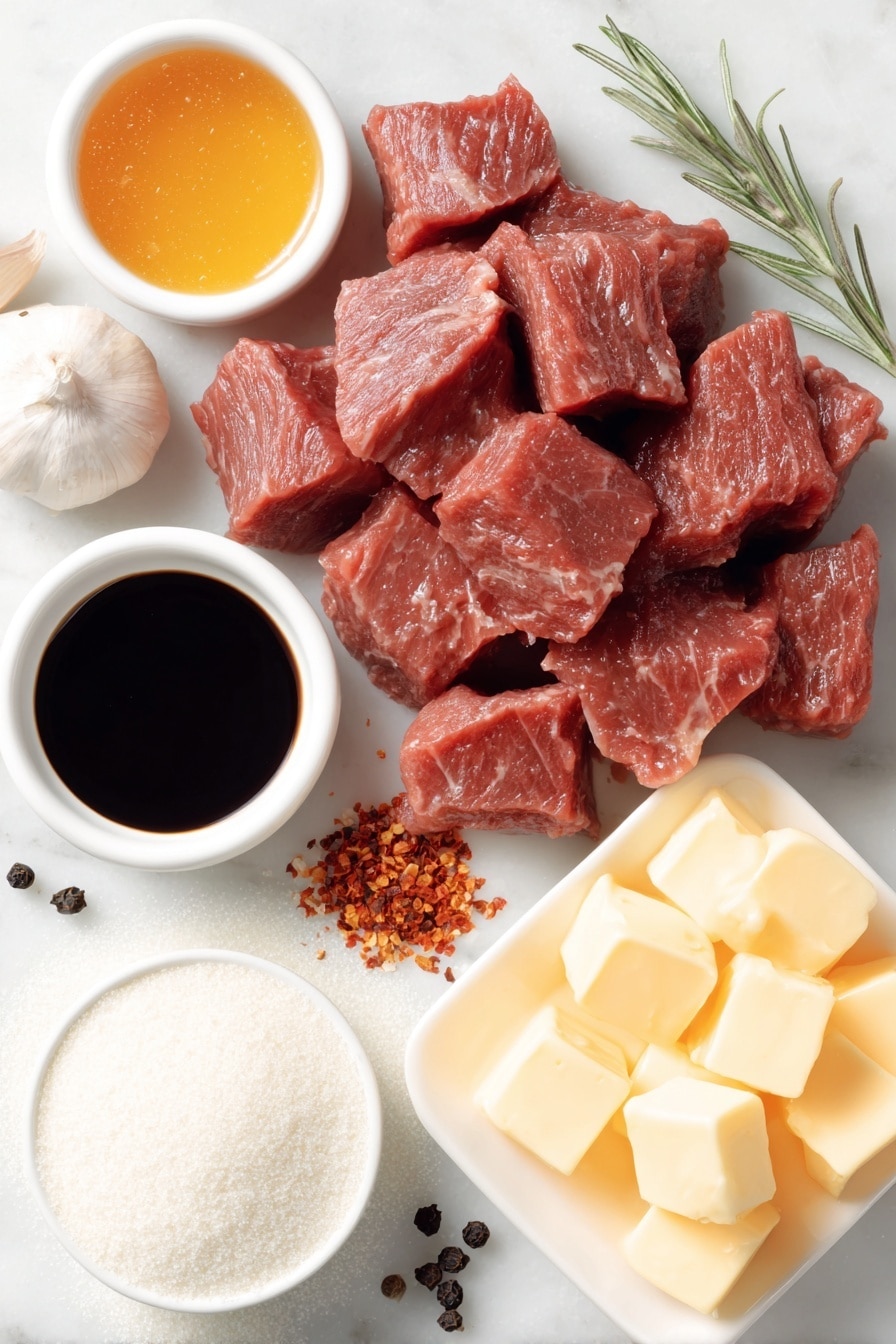 Flat lay of fresh raw sirloin steak chunks with a few sprigs of coarse salt crystals and whole black peppercorns scattered nearby, bright golden honey pooled in a small white ceramic bowl, rich dark soy sauce in another small white bowl, six whole uncracked garlic cloves arranged naturally, a small white bowl holding vibrant red chili flakes, a neat pile of fine white cornstarch powder directly on the white surface, and several small cubes of golden salted butter placed delicately on a simple white ceramic dish, all ingredients arranged symmetrically and balanced, placed on a clean white marble surface, soft natural light, photo taken with an iPhone, professional food photography style, fresh ingredients, white ceramic bowls, no bottles, no duplicates, no utensils, no packaging --ar 2:3 --v 7 --p m7354615311229779997 - Honey Garlic Steak Bites, Honey Garlic Steak Bites Recipe, Easy Steak Bites with Honey and Garlic, Juicy Steak Bites, Savory Honey Garlic Steak Bites