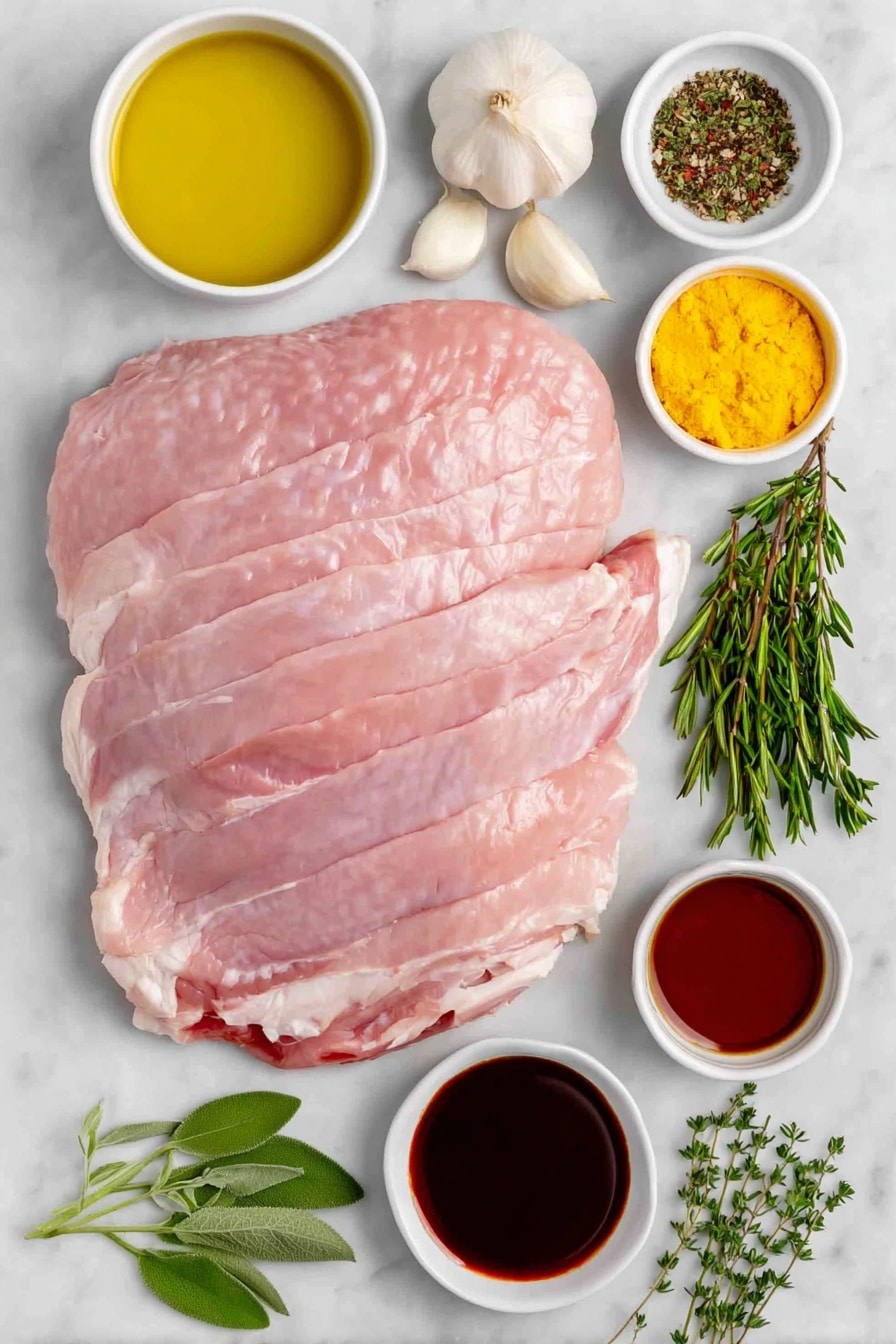Flat lay of a whole boneless, skinless turkey breast with natural texture and pale pink color, a small white ceramic bowl of golden olive oil, a few whole garlic cloves with papery white skins, small sprigs of fresh sage with soft green leaves, fresh thyme sprigs with tiny green leaves, fresh rosemary sprigs with needle-like dark green leaves, a small white ceramic bowl containing coarse kosher salt crystals, another small white bowl holding freshly ground black pepper, a small white ceramic bowl filled with rich amber pure maple syrup, a small white bowl with smooth bright yellow mustard, a small white bowl of dark brown Worcestershire sauce, a small white bowl of dark soy sauce, all arranged symmetrically and balanced, placed on a clean white marble surface, soft natural light, photo taken with an iPhone, professional food photography style, fresh ingredients, white ceramic bowls, no bottles, no duplicates, no utensils, no packaging --ar 2:3 --v 7 --p m7354615311229779997 - Maple Glazed Turkey Breast Roast, turkey roast with maple glaze, easy turkey breast recipe, holiday turkey breast, juicy turkey roast