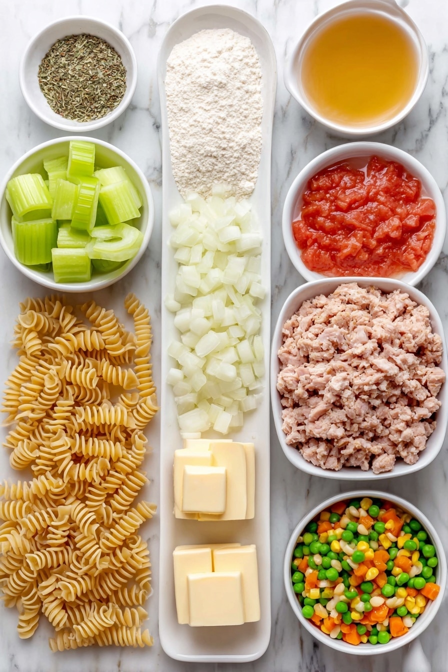 Flat lay of a small pool of golden olive oil in a simple white ceramic bowl, a few rich yellow butter cubes arranged neatly, a large diced white onion pile, four fresh green celery ribs sliced evenly, two peeled garlic cloves finely minced, a small white bowl filled with pale off-white all-purpose flour, a small white bowl containing a mix of dried Italian herbs, a simple white ceramic bowl with clear golden chicken broth, a white bowl with bright red petite diced tomatoes and their juices, a small heap of cooked chopped turkey with natural brown and white hues, a small white bowl of vibrant thawed mixed vegetables including peas, carrots, and corn, six ounces of uncooked medium pasta spirals arranged symmetrically, all ingredients fresh and natural, placed on a clean white marble surface, soft natural light, photo taken with an iPhone, professional food photography style, fresh ingredients, white ceramic bowls, no bottles, no duplicates, no utensils, no packaging --ar 2:3 --v 7 --p m7354615311229779997 - Turkey Vegetable Soup with Pasta, hearty turkey vegetable soup, light comforting soup with pasta, leftover turkey soup recipe, healthy turkey vegetable soup