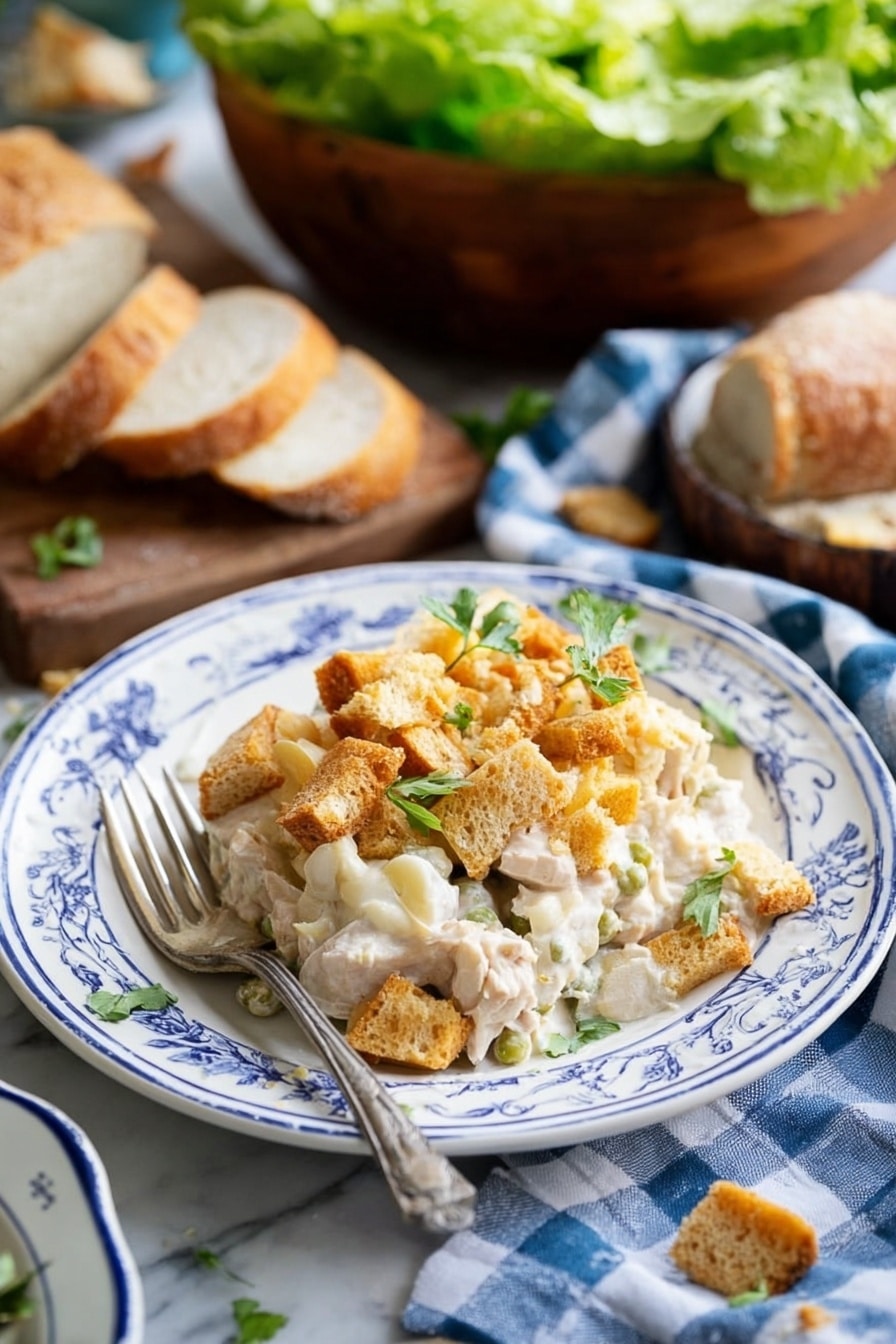 A white plate with blue floral patterns holds a creamy layered dish. The bottom layer looks soft and white, with chunks of white meat mixed with small green bits. The middle layer is creamy, covering the meat and vegetables. The top layer is golden brown broken cracker pieces, crunchy and uneven, scattered over the creamy base with small green herb leaves for garnish. To the side, a silver fork rests on the plate. In the background, there are pieces of crusty white bread on a wooden cutting board and a wooden bowl filled with leafy green lettuce, all placed on a white marbled surface, with a blue and white checkered cloth nearby. Photo taken with an iphone --ar 2:3 --v 7 - Leftover Turkey Rice Casserole, Thanksgiving leftovers recipe, easy turkey casserole, quick holiday dinner ideas, cozy comfort food