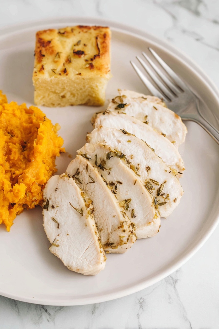 A white plate on a white marbled surface holds three main items: four slices of cooked white meat with small bits of herbs visible on the edges, a small portion of bright orange mashed vegetable with a slightly lumpy texture on the left side, and a square piece of golden brown baked bread with a slightly crispy top and small darker spots towards the top left corner; a silver fork lies above the sliced meat near the top right side of the plate. photo taken with an iphone --ar 2:3 --v 7 - Garlic Herb Turkey Tenderloin, turkey tenderloin recipe, easy turkey recipes, flavorful turkey dishes, healthy turkey dinner
