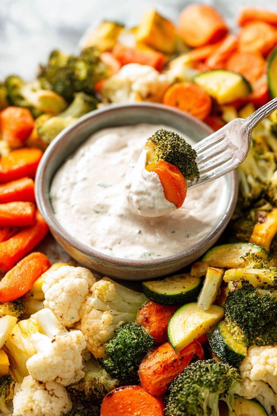 A close-up view of a bowl of creamy white dip in the center, with a fork holding a piece of bright orange carrot and green broccoli dipped into it; the bowl is surrounded by roasted vegetables including orange carrot slices, green broccoli florets, white cauliflower pieces, yellow squash chunks, and green zucchini, all placed on a white marbled surface. The roasted vegetables show some browning and texture, creating a colorful and fresh look. Photo taken with an iphone --ar 2:3 --v 7 - Roasted Vegetable Medley, roasted vegetable recipe, healthy roasted vegetables, easy vegetable side dish, colorful roasted veggie mix