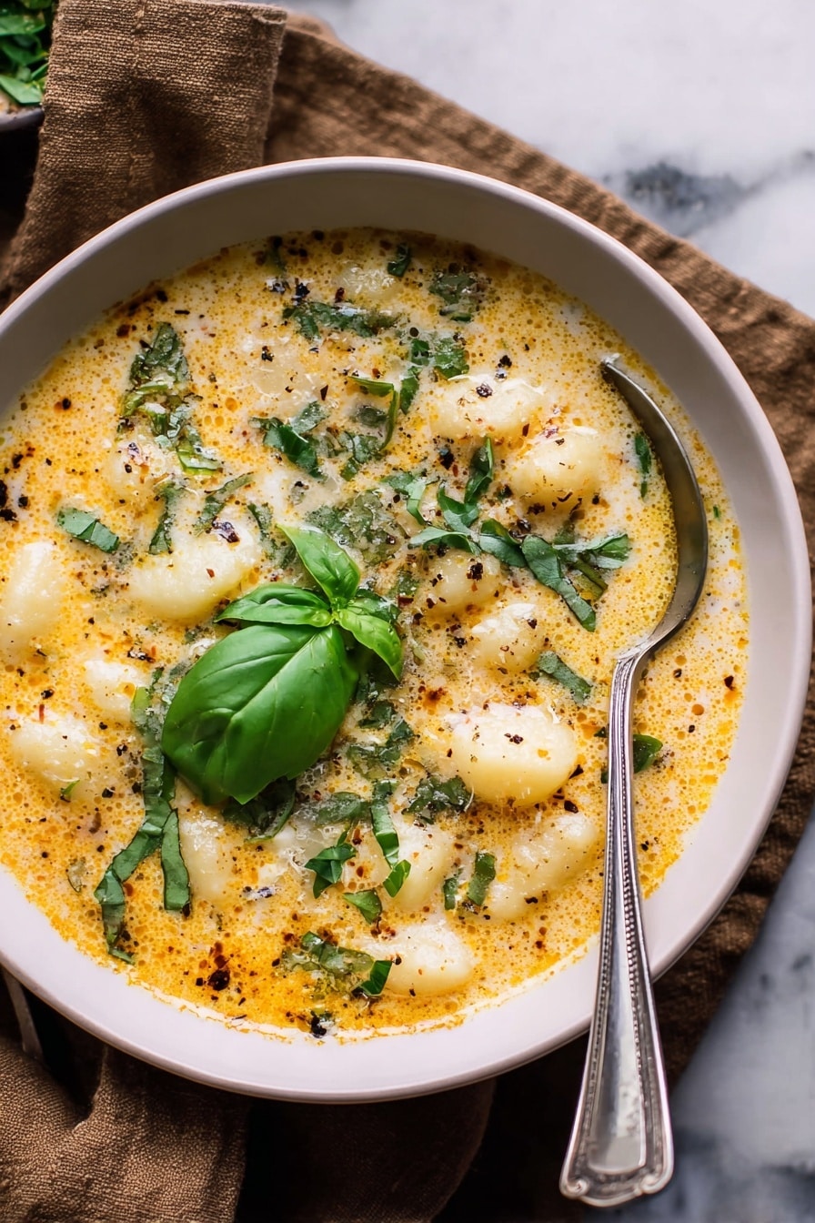 A bowl of creamy soup with small round potato pieces in light yellow color floating in an orange-tinted broth. The soup is garnished with chopped green herbs scattered on top and a single fresh basil leaf placed near the center. The surface of the soup has some melted cheese and small dark brown spots, hinting at spices or seasoning. A silver spoon rests inside the bowl on the right side. The bowl is white with a speckled texture sitting on a brown cloth over a white marbled surface. photo taken with an iphone --ar 2:3 --v 7 - Creamy Gnocchi Chicken Soup, comforting chicken gnocchi soup, easy creamy chicken soup, hearty gnocchi soup recipe, cozy chicken soup with gnocchi
