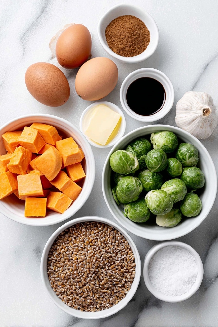 Flat lay of a diced sweet potato showing its bright orange flesh, halved brussels sprouts displaying fresh green leaves, quartered red onion with vivid purple layers, chunks of red bell pepper, a small white ceramic bowl of golden olive oil, a small white ceramic bowl with ground cinnamon powder, a small white ceramic bowl of coarse salt, a white ceramic bowl filled with uncooked farro grains, a handful of fresh green basil leaves, a small white ceramic bowl containing dark red wine vinegar, a small white ceramic bowl holding smooth pale yellow dijon mustard, a whole garlic clove with papery white skin, two whole uncracked brown eggs neatly placed side by side, all ingredients arranged symmetrically on a clean white marble surface, soft natural light, photo taken with an iPhone, professional food photography style, fresh ingredients, white ceramic bowls, no bottles, no duplicates, no utensils, no packaging --ar 2:3 --v 7 --p m7354615311229779997 - Harvest Vegetable Grain Bowl with Egg, healthy grain bowls, fall vegetable recipes, nourishing breakfast ideas, autumn vegetable bowls