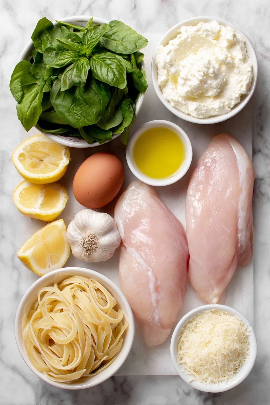 Flat lay of two skinless, boneless raw chicken breasts, a small mound of fresh spinach leaves, a small white ceramic bowl holding creamy ricotta cheese, a few strands of cooked linguine pasta twisted neatly, a small white bowl with olive oil, a small white bowl with melted butter, one whole uncracked brown egg, two whole garlic cloves and one sliced garlic clove, one whole lemon cut in half showing juicy interior and one whole lemon, a small white bowl with freshly grated Parmesan cheese, fresh sprigs of basil and mint leaves scattered naturally, all arranged with perfect symmetry on a clean white marble surface, soft natural light, photo taken with an iPhone, professional food photography style, fresh ingredients, white ceramic bowls, no bottles, no duplicates, no utensils, no packaging --ar 2:3 --v 7 --p m7354615311229779997 - Creamy Spinach Ricotta Pasta with Lemon Chicken, spinach ricotta pasta, lemon chicken dinner, easy creamy pasta recipes, healthy chicken pasta dishes