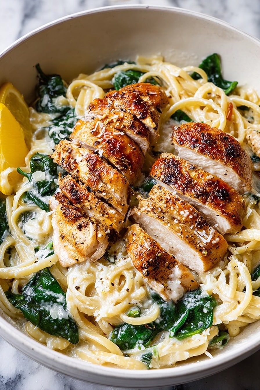 The image shows a large white pan filled with creamy pasta and two sliced golden-brown cooked chicken pieces placed on opposite sides. The pasta noodles are light yellow and mixed with dark green spinach leaves, all coated in a white creamy sauce with a crumbly texture. There are small pieces of cooked garlic and a slice of yellow lemon tucked inside the noodles near the chicken. The background is a white marbled surface. Photo taken with an iphone --ar 2:3 --v 7 - Creamy Spinach Ricotta Pasta with Lemon Chicken, spinach ricotta pasta, lemon chicken dinner, easy creamy pasta recipes, healthy chicken pasta dishes