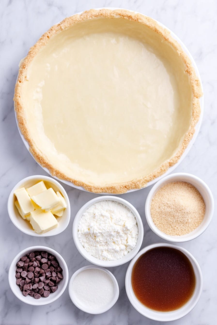 Flat lay of a whole round pizza crust with a golden edge, a small white ceramic bowl filled with yellow cake mix, a small white ceramic bowl containing melted butter with a glossy surface, a small white ceramic bowl holding smooth milk chocolate chips, a small white ceramic bowl with fine white granulated sugar, and a small white ceramic bowl with light brown soft brown sugar, all arranged in perfect symmetry on a clean white marble surface, soft natural light, photo taken with an iPhone, professional food photography style, fresh ingredients, white ceramic bowls, no bottles, no duplicates, no utensils, no packaging --ar 2:3 --v 7 --p m7354615311229779997 - Chocolate Chip Dessert Pizza, Easy Dessert Pizza, Kid-Friendly Dessert, Quick Chocolate Pizza, Sweet Pizza Idea