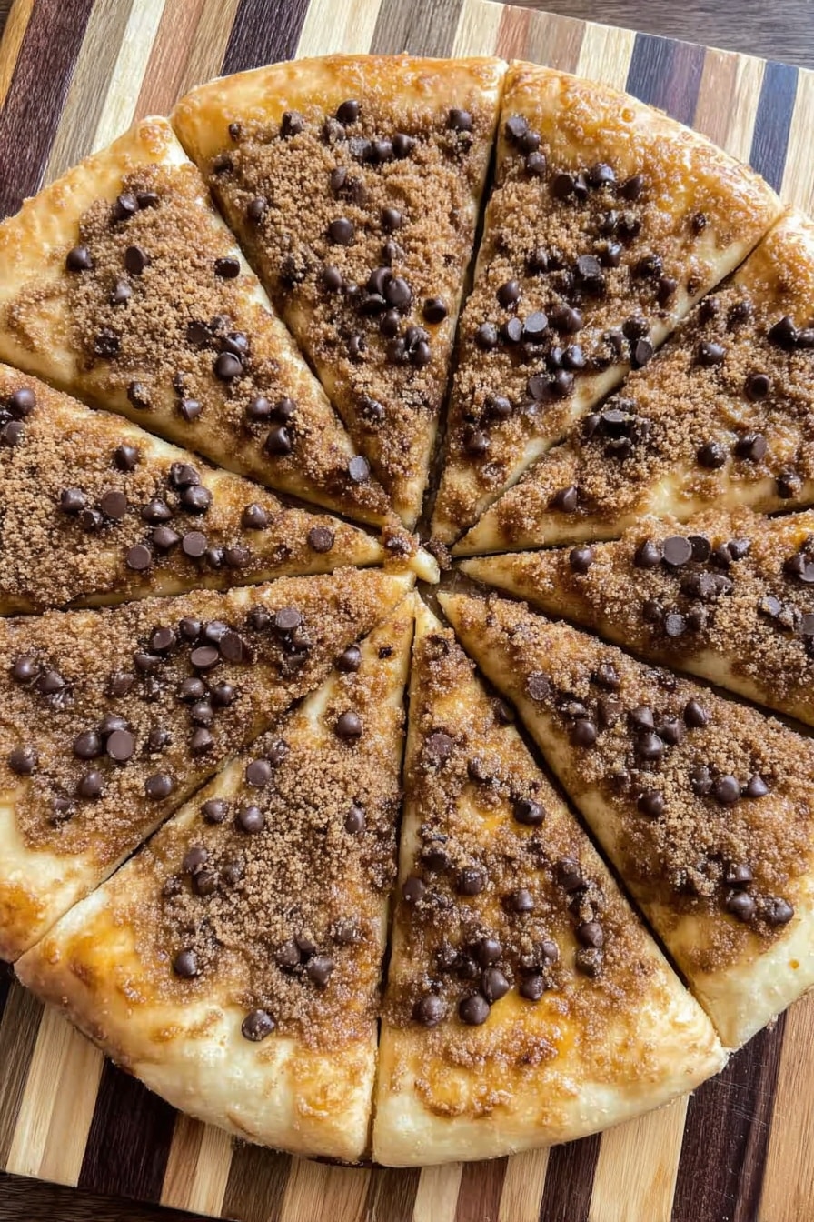 A round cookie pizza is sliced into eight pieces, with one slice slightly separated from the rest. The cookie crust is thick and light golden brown with a soft, crumbly texture. It is covered evenly with many small dark brown chocolate chips scattered on the surface. The cookie sits on a white plate, and the background shows a white marbled texture. The image focuses closely on the cookie, capturing the detailed texture of the chocolate chips and the crust. photo taken with an iphone --ar 2:3 --v 7 - Chocolate Chip Dessert Pizza, Easy Dessert Pizza, Kid-Friendly Dessert, Quick Chocolate Pizza, Sweet Pizza Idea