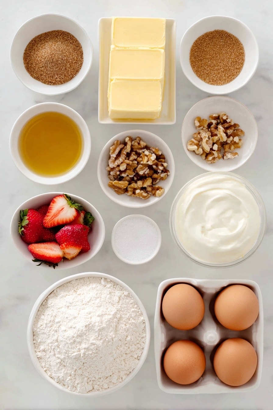Flat lay of a small mound of all-purpose flour, a small pile of packed brown sugar, a small pile of finely chopped walnuts, a small white ceramic bowl with melted butter, a small pinch of salt crystals, a small pile of white granulated sugar, fresh sliced strawberries in a small white ceramic bowl, a small white ceramic bowl with lemon juice, two whole uncracked brown eggs, a small white ceramic bowl filled with heavy cream placed on a clean white marble surface, soft natural light, photo taken with an iPhone, professional food photography style, fresh ingredients, white ceramic bowls, no bottles, no duplicates, no utensils, no packaging --ar 2:3 --v 7 --p m7354615311229779997 - Frozen Strawberry Shortcake Squares, strawberry shortcake dessert, frozen berry treats, summer fruit dessert, easy strawberry dessert
