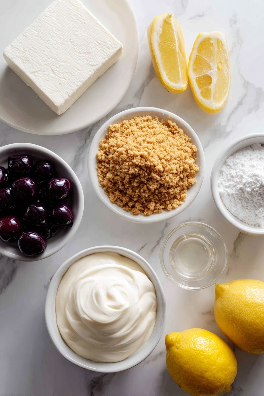 Flat lay of a small mound of golden graham cracker crumbs, two blocks of full fat cream cheese with smooth white surfaces, a small white ceramic bowl filled with thick heavy whipping cream, a modest heap of fine powdered sugar on a white plate, a few fresh bright yellow lemon wedges, and a small white ceramic bowl containing clear vanilla extract liquid, all arranged with perfect symmetry on a clean white marble surface, soft natural light, photo taken with an iPhone, professional food photography style, fresh ingredients, white ceramic bowls, no bottles, no duplicates, no utensils, no packaging --ar 2:3 --v 7 --p m7354615311229779997 - No-Bake Cheesecake Cups, no-bake cheesecake, easy cheesecake dessert, quick cheesecake recipes, creamy cheesecake cups