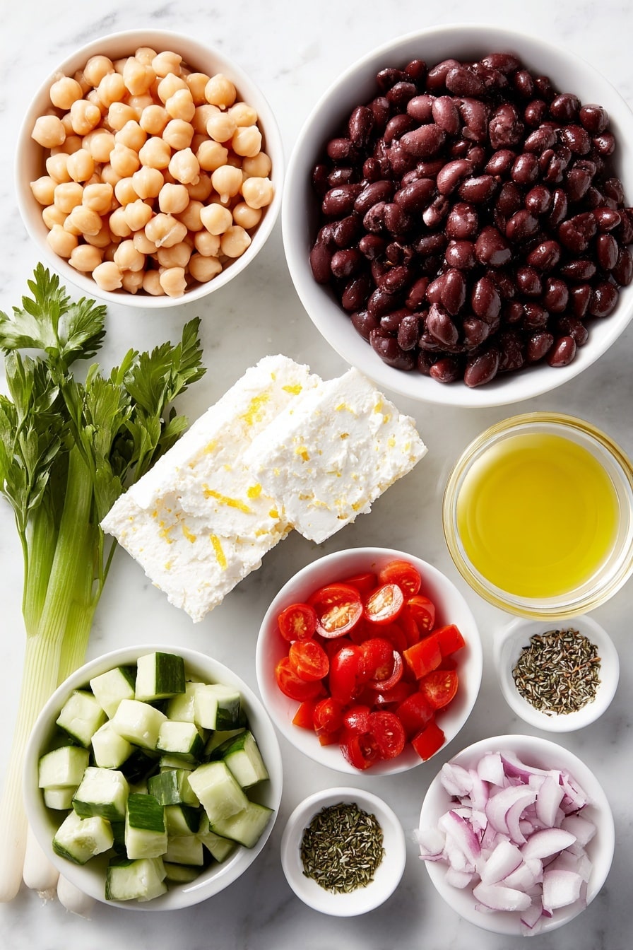 Flat lay of three small piles of fresh cooked beans: beige chickpeas, glossy black beans, and creamy white cannellini beans, vibrant halved red cherry tomatoes, diced bright green cucumber, diced red bell pepper pieces, two fresh scallions with white bulbs and green stalks, a small bunch of flat leaf parsley with rich green leaves, a block of crumbly white feta cheese, a small white ceramic bowl filled with golden extra virgin olive oil, a small white ceramic bowl holding pale yellow lemon juice with a thin lemon zest curl, a small white ceramic bowl of amber apple cider vinegar, a white ceramic bowl of dried oregano flakes, a white ceramic bowl of fine salt crystals, a small white ceramic bowl containing golden honey, a small white ceramic bowl with smooth Dijon mustard, all arranged symmetrically on a clean white marble surface, soft natural light, photo taken with an iPhone, professional food photography style, fresh ingredients, white ceramic bowls, no bottles, no duplicates, no utensils, no packaging --ar 2:3 --v 7 --p m7354615311229779997 - Mediterranean Bean Salad with Feta, healthy bean salad, easy Mediterranean salad, vegetarian bean salad, quick summer salad