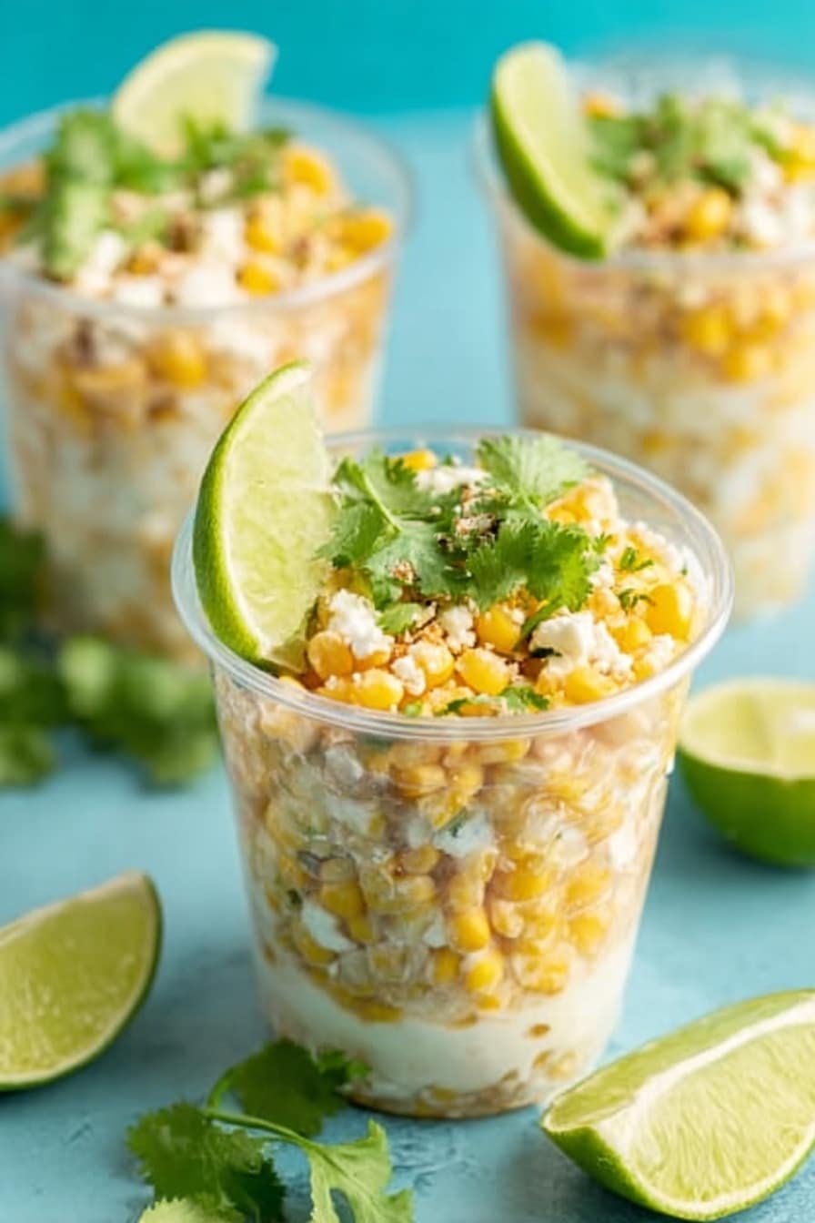 Three clear plastic cups filled with a layered corn salad sit on a white marbled surface. Each cup has a base of bright yellow corn kernels mixed with creamy white cheese crumbles. On top, there are small green cilantro leaves scattered, adding a fresh touch. A thin, round slice of light green lime rests on the rim of each cup. Around the cups, there are more lime wedges and fresh cilantro sprigs adding green and yellow accents. The background is soft turquoise blue, making the colors of the dish stand out. photo taken with an iphone --ar 2:3 --v 7 - Mexican Street Corn Cups, Mexican Street Corn, elote cups, Mexican corn snack, portable street corn