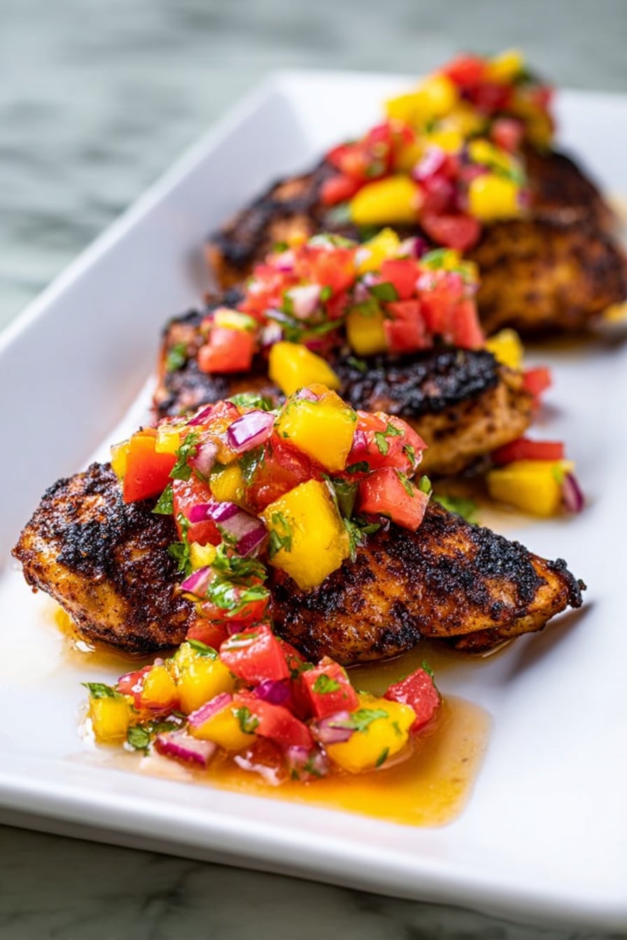 The image shows pieces of grilled chicken with golden brown, slightly crispy skin arranged on a white rectangular plate. On top of the chicken, there is a colorful salsa made of bright yellow corn kernels, red diced tomatoes, and small green herb leaves, creating a fresh and vibrant contrast. The plate is placed on a white marbled surface. Photo taken with an iphone --ar 2:3 --v 7 - Grilled Chicken with Mango Watermelon Salsa, grilled chicken with tropical fruit salsa, summer grilled chicken recipes, healthy grilled chicken ideas, easy fruit salsa chicken