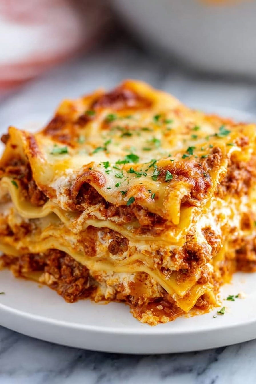 A white rectangular baking dish filled with a layered lasagna showing about four layers of pasta sheets and rich sauce mixed with browned ground meat. The top layer has melted, slightly browned cheese with scattered green herb pieces. The lasagna is cut into six hearty square servings, and around the dish there is a striped cloth and a small bowl of green herbs. The whole scene is on a white marbled surface. Photo taken with an iphone --ar 2:3 --v 7 - Easy Homemade Lasagna, homemade lasagna, Italian lasagna, best lasagna recipe, how to make lasagna