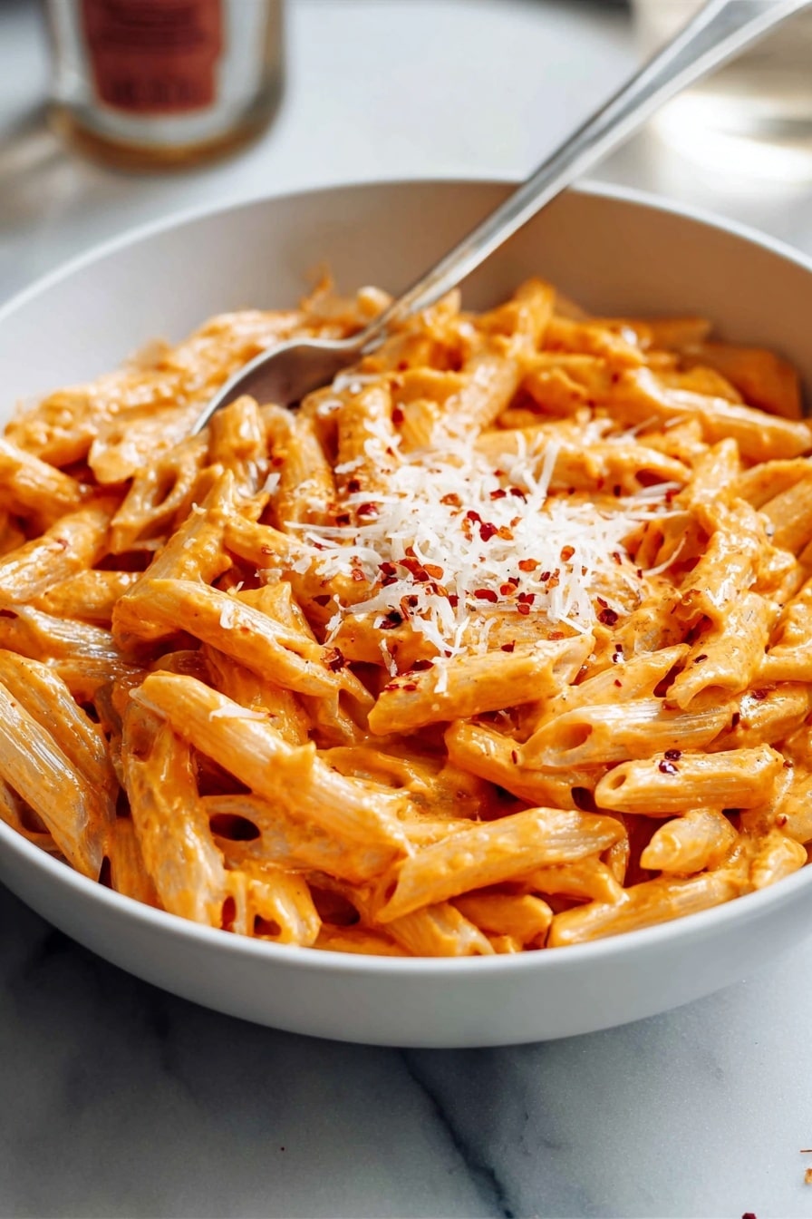 A white bowl filled with about two layers of penne pasta coated in an orange creamy sauce, with the pasta arranged neatly inside the bowl. The top layer is sprinkled with small bits of grated white cheese, tiny pieces of red flakes, and a few small green herb leaves. A silver spoon is placed resting inside the bowl on the right side. The bowl sits on a beige cloth with a white marbled surface below. In the blurred background, another bowl with the same pasta is visible, along with a partial view of a white bottle with blue and red writing. Photo taken with an iphone --ar 2:3 --v 7 - Creamy Vodka Penne Pasta, creamy penne pasta, vodka pasta recipe, easy pasta dinner, indulgent pasta dish