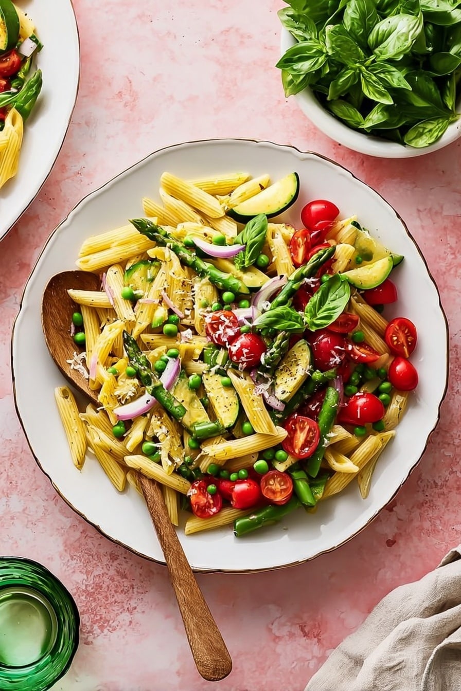 This image shows a white bowl filled with a colorful pasta salad. The salad has three main layers: pale yellow penne pasta pieces that are smooth and slightly shiny, bright green peas and asparagus, and red cherry tomato halves. Scattered on top are dark green fresh basil leaves and thin slices of pale purple onion. Light yellow zucchini slices with a soft texture mix with the pasta, adding variation. There is a wooden spoon resting inside the bowl, touching some of the salad. The background is a white marbled surface. photo taken with an iphone --ar 2:3 --v 7 - Fresh Pasta Primavera with Vegetables, Pasta Primavera recipe, healthy vegetable pasta, easy quick pasta dinner, vegetarian pasta dish