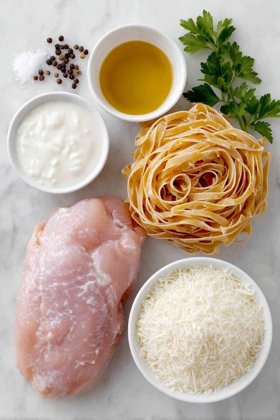 Flat lay of a raw chicken breast halved horizontally with natural pink tones, a small mound of coarse salt and cracked black peppercorns scattered gently beside it, a small white ceramic bowl filled with golden olive oil, a neat nest of uncooked fettuccine pasta with pale yellow strands, a small white bowl of creamy white milk, a small white bowl of rich chicken broth with a light amber hue, a single large garlic clove with papery white skin and slight shine, a small white bowl of thick heavy cream with a smooth surface, a small white bowl heaped with finely grated parmesan cheese with off-white color, and a few fresh bright green parsley sprigs arranged symmetrically, placed on a clean white marble surface, soft natural light, photo taken with an iPhone, professional food photography style, fresh ingredients, white ceramic bowls, no bottles, no duplicates, no utensils, no packaging --ar 2:3 --v 7 --p m7354615311229779997 - One Pot Chicken Alfredo Pasta, One Pot Alfredo, Easy Chicken Alfredo, Creamy Chicken Pasta, Quick Alfredo Dinner