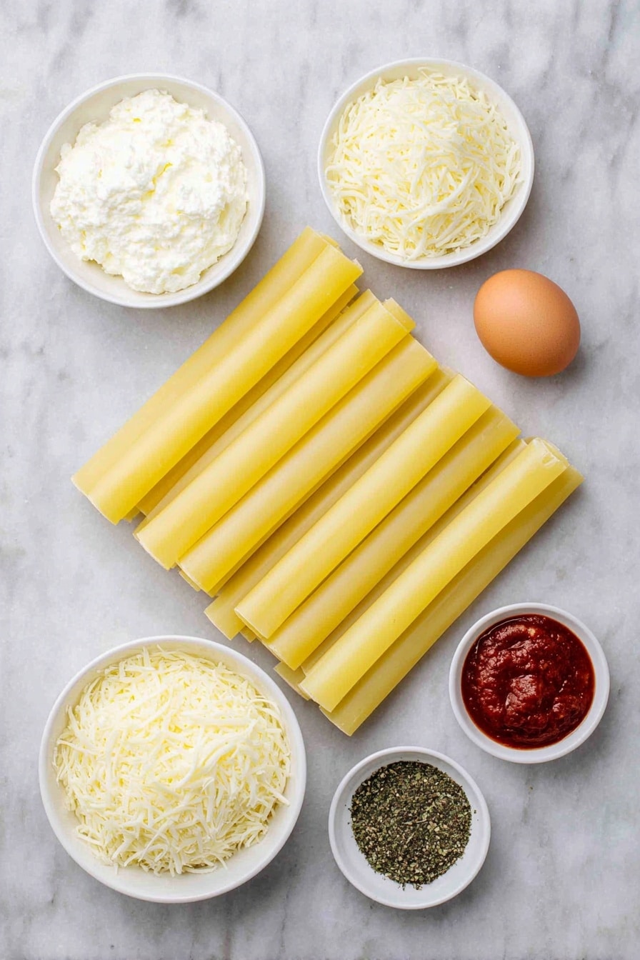 Flat lay of uncooked manicotti pasta tubes arranged neatly, a small white ceramic bowl with creamy ricotta cheese, a small white bowl filled with shredded mozzarella cheese, a small white bowl containing shredded parmesan cheese, a whole uncracked brown egg, a small white bowl with bright red spaghetti sauce, and a small white bowl with dried basil and parsley flakes sprinkled side by side, all ingredients fresh and natural, placed on a clean white marble surface, soft natural light, photo taken with an iPhone, professional food photography style, fresh ingredients, white ceramic bowls, no bottles, no duplicates, no utensils, no packaging --ar 2:3 --v 7 --p m7354615311229779997 - Cheese Manicotti Bake, cheesy Italian casserole, no-boil manicotti recipe, baked cheese pasta, easy Italian dinner