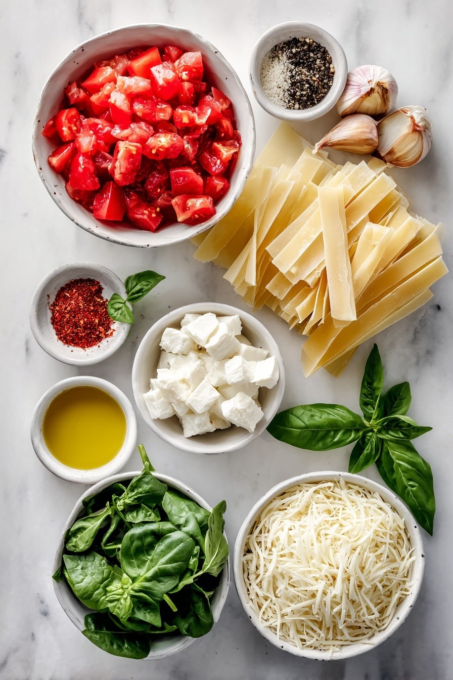 Flat lay of a small white ceramic bowl filled with bright red drained diced tomatoes, a few vibrant green fresh basil sprigs, a small white bowl of golden olive oil, two whole brown garlic cloves, a small white bowl of coarse salt, a small white bowl of red pepper flakes, a medium mound of fresh white low-fat cottage cheese curds, one small fresh red onion roughly chopped, quartered pale green artichoke hearts, a generous pile of fresh deep green baby spinach leaves, a small white bowl of freshly ground black pepper, nine uncooked pale beige no-boil lasagna noodles neatly stacked, and a small white ceramic bowl heaped with shredded creamy white fontina cheese all arranged with perfect symmetry on a clean white marble surface, soft natural light, photo taken with an iPhone, professional food photography style, fresh ingredients, white ceramic bowls, no bottles, no duplicates, no utensils, no packaging --ar 2:3 --v 7 --p m7354615311229779997 - Spinach Artichoke Lasagna, healthy spinach lasagna, veggie lasagna recipe, easy vegetable lasagna, cheesy spinach artichoke bake