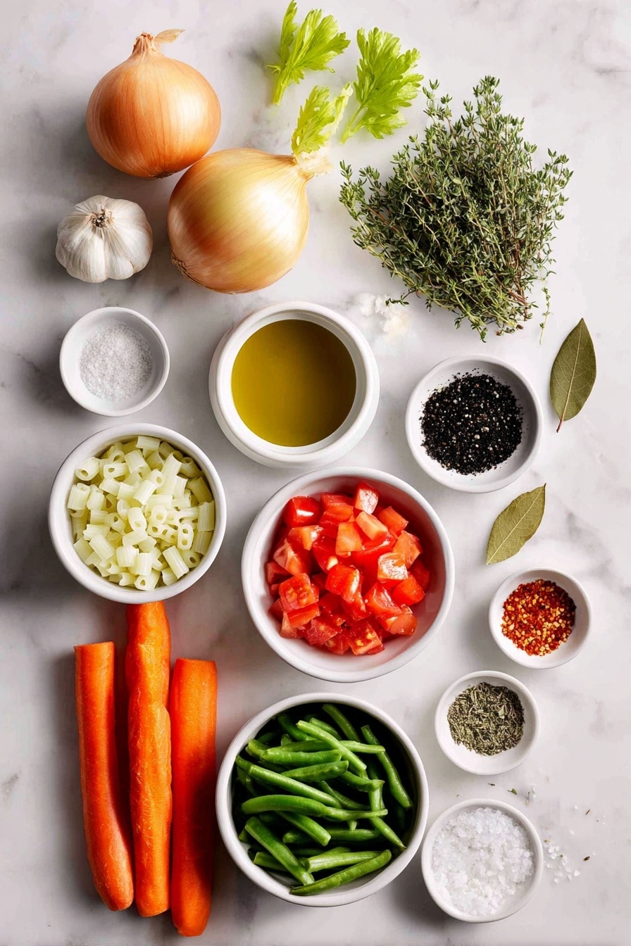 Flat lay of a small white ceramic bowl of extra-virgin olive oil, one medium yellow onion whole with skin, two medium fresh carrots whole with green tops removed, two celery ribs whole and fresh, one teaspoon sea salt in a small white bowl, freshly ground black pepper in a small white bowl, three whole garlic cloves unpeeled, one small white ceramic bowl filled with diced fresh tomatoes, one small white ceramic bowl with cooked white beans, one small white bowl of chopped fresh green beans, two dried bay leaves placed flat, one small white bowl with dried oregano, one small white bowl with dried thyme, three quarters cup of small pasta (ditalini) loose, one small white ceramic bowl filled with chopped fresh parsley, one small white bowl with red pepper flakes, and a small white bowl with grated Parmesan cheese, all arranged symmetrically on a clean white marble surface, soft natural light, photo taken with an iPhone, professional food photography style, fresh ingredients, white ceramic bowls, no bottles, no duplicates, no utensils, no packaging --ar 2:3 --v 7 --p m7354615311229779997 - Hearty Vegetarian Minestrone Soup, vegetarian minestrone, healthy vegetable soup, best minestrone recipe, cozy veggie soup