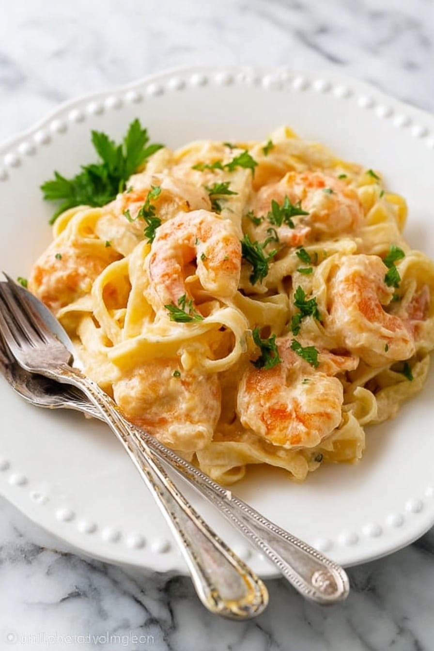 A white plate with small round patterns holds a creamy pasta dish with about three layers: the bottom layer is white fettuccine noodles, the middle layer has light orange shrimp with a smooth creamy sauce covering both, and the top layer is garnished with bright green parsley leaves scattered around. A silver fork and spoon rest on the plate's edge. The plate sits on a white marbled surface. photo taken with an iphone --ar 2:3 --v 7 - Creamy Shrimp Alfredo Pasta, Shrimp Alfredo Recipe, Easy Shrimp Alfredo, Creamy Pasta with Shrimp, Quick Alfredo Pasta