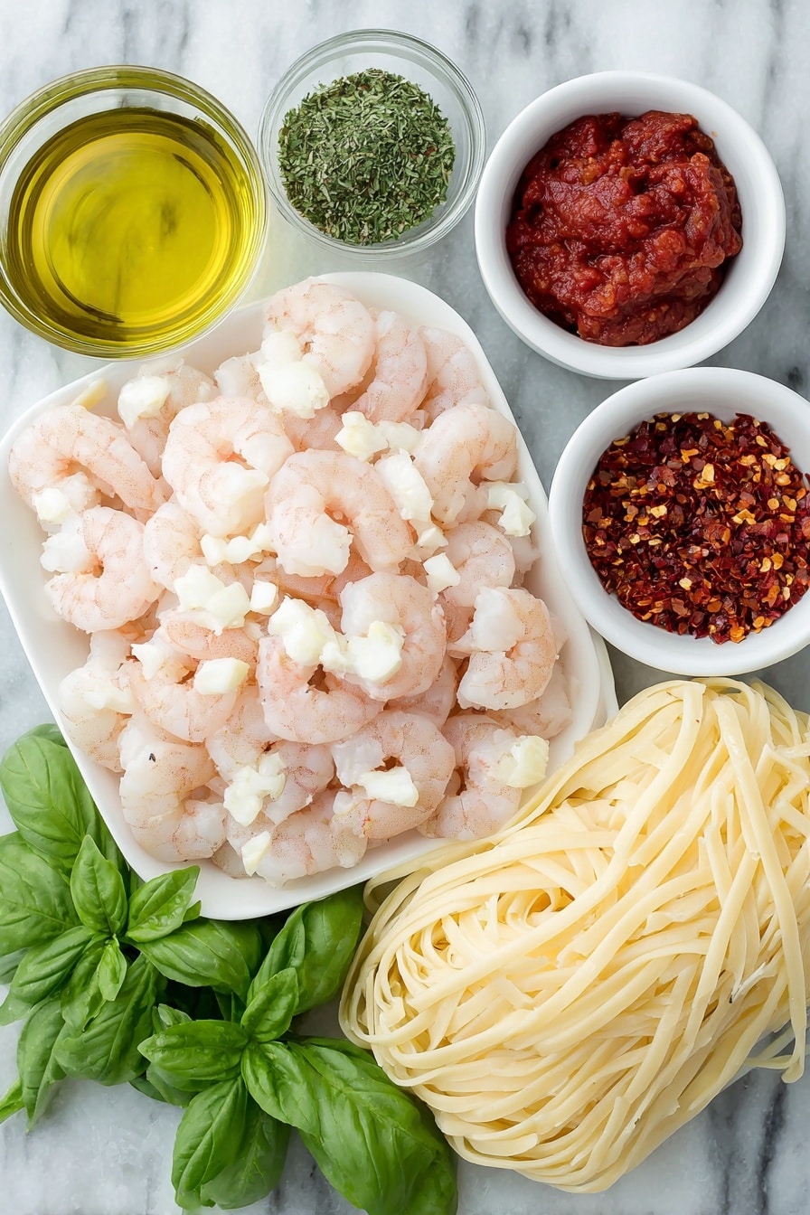 Flat lay of peeled and deveined raw shrimp arranged neatly, a small mound of finely chopped white onion, a few small pieces of chopped spicy red pepper, several cloves of whole fresh garlic, crushed ripe red tomatoes in a small white bowl, a small white bowl of vibrant red chili flakes, a small white bowl with clear dry white wine, a pinch of dried oregano sprinkled beside, fresh green chopped parsley, a few fresh bright green basil leaves, a bundle of cooked linguine noodles elegantly coiled on a simple white ceramic plate, all placed on a clean white marble surface, soft natural light, photo taken with an iPhone, professional food photography style, fresh ingredients, white ceramic bowls, no bottles, no duplicates, no utensils, no packaging --ar 2:3 --v 7 --p m7354615311229779997 - Spicy Shrimp Fra Diavolo with Tomato Sauce, shrimp fra diavolo recipe, spicy seafood pasta, easy shrimp tomato sauce, fiery shrimp recipes