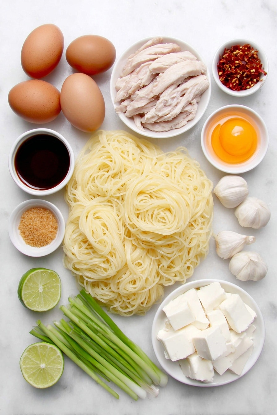 Flat lay of a small bundle of soft, translucent rice noodles (rice sticks), a few glistening medium-sized raw shrimp with shells removed, several pale yellow slices of fried firm tofu, a large whole egg with a clean shell, a small handful of fresh, white bean sprouts with green tips, a few stalks of dark green Chinese chives cut into 2-inch lengths, a small mound of light brown crushed peanuts, two bright green lime wedges, one small clove of fresh garlic, a few fresh basil leaves, and three small white ceramic bowls containing clear light golden oil, a white granulated sugar, and a light amber liquid (fish sauce), placed on a clean white marble surface, soft natural light, photo taken with an iPhone, professional food photography style, fresh ingredients, white ceramic bowls, no bottles, no duplicates, no utensils, no packaging --ar 2:3 --v 7 --p m7354615311229779997 - Easy Shrimp Pad Thai, Shrimp Pad Thai recipe, homemade Pad Thai, quick Thai stir-fry, authentic Shrimp Pad Thai