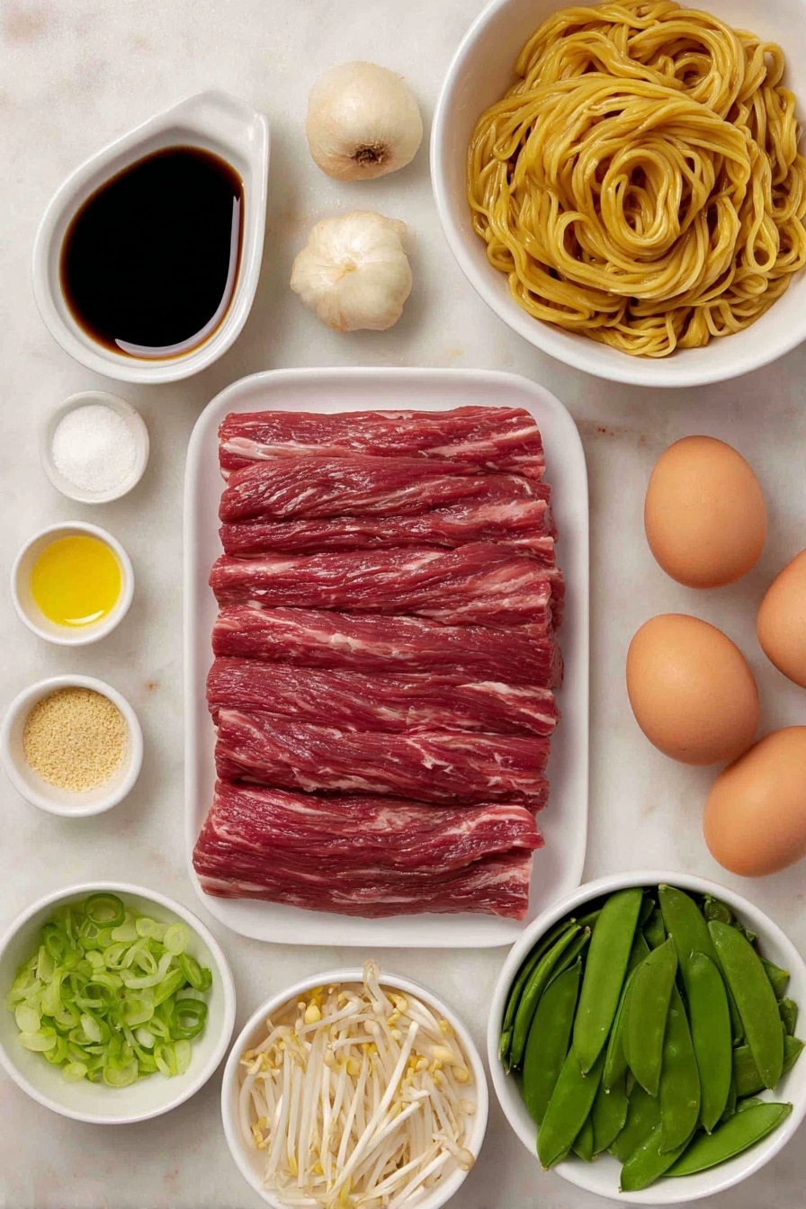 Flat lay of thin strips of fresh flank steak, a small bowl of cornstarch, a small bowl of light soy sauce, a small bowl of dark soy sauce, a small bowl of oyster sauce, a small bowl of sesame oil, a small bowl of white sugar, a small bowl of salt, a small bowl of white pepper, fresh lo mein noodles coiled in a simple white ceramic bowl, a peeled clove of garlic, a medium julienned carrot, half a julienned red bell pepper, sliced fresh mushrooms, thin strips of bamboo shoots, shredded Napa cabbage, fresh whole snow peas, crisp mung bean sprouts, two whole uncracked brown eggs, two scallions julienned with white and green parts separated in small white bowls, a small bowl of Shaoxing wine, placed on a clean white marble surface, soft natural light, photo taken with an iPhone, professional food photography style, fresh ingredients, white ceramic bowls, no bottles, no duplicates, no utensils, no packaging --ar 2:3 --v 7 --p m7354615311229779997 - Beef Lo Mein Stir-Fry, beef lo mein recipe, easy beef lo mein, quick stir-fry noodle dish, homemade lo mein with beef