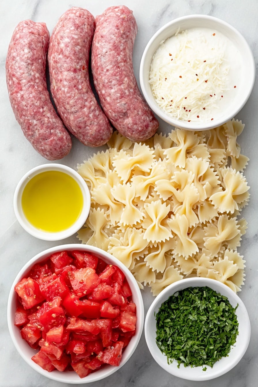 Flat lay of a small pile of fresh bow tie (farfalle) pasta, a few whole sweet Italian sausages with smooth casings, a medium yellow onion diced into neat cubes, three plump garlic cloves peeled, a small white ceramic bowl filled with bright red Italian diced tomatoes, another small white bowl containing golden olive oil, a third white bowl with creamy heavy cream, a tiny white dish holding red pepper flakes, a small mound of freshly grated parmesan cheese, and a few sprigs of vibrant green chopped basil, all arranged symmetrically and balanced on a clean white marble surface, soft natural light, photo taken with an iPhone, professional food photography style, fresh ingredients, white ceramic bowls, no bottles, no duplicates, no utensils, no packaging --ar 2:3 --v 7 --p m7354615311229779997 - Italian Sausage Bow Tie Pasta, Italian Sausage Pasta Recipe, Creamy Tomato Pasta with Sausage, Easy Italian Pasta Dinner, Crowd-Pleasing Pasta Recipes