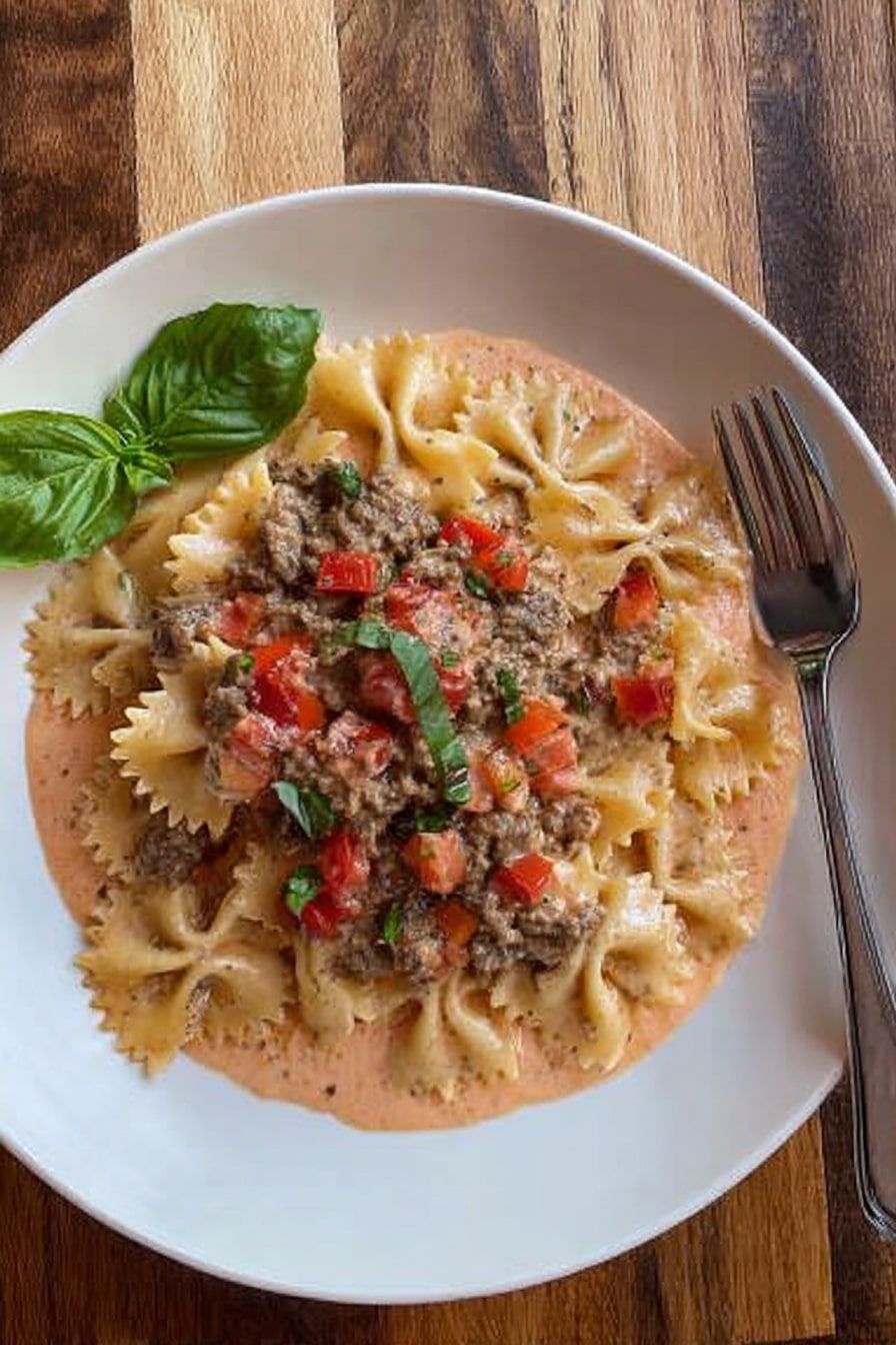 A white round plate sits on a wooden surface with a creamy pink sauce spread evenly on the bottom layer. On top, there is a layer of bow-tie pasta mixed with ground meat pieces and small diced red tomatoes, giving a mix of beige, brown, and red colors with a slightly chunky texture. A green basil leaf decorates the upper left edge of the plate. To the right side of the plate, a silver fork rests on the wooden surface. The photo taken with an iphone --ar 2:3 --v 7 - Italian Sausage Bow Tie Pasta, Italian Sausage Pasta Recipe, Creamy Tomato Pasta with Sausage, Easy Italian Pasta Dinner, Crowd-Pleasing Pasta Recipes