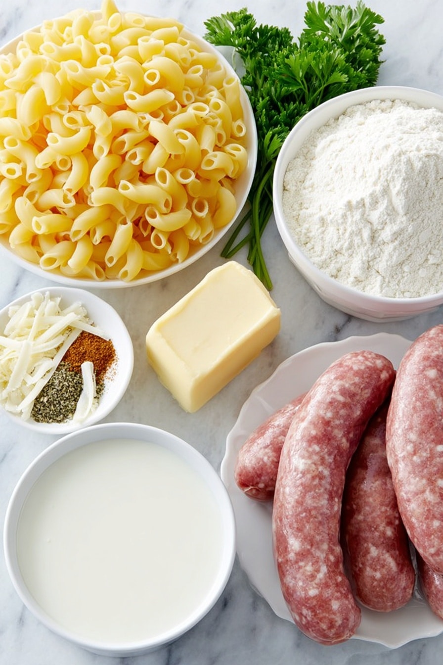 Flat lay of dry elbow pasta arranged neatly, a fresh bulk Italian sausage link uncooked, a small pat of golden butter, a few cloves of whole garlic with clean skins, a medium yellow onion whole and unpeeled, a small white ceramic bowl filled with white all-purpose flour, a small white ceramic bowl holding creamy whole milk, a small white ceramic bowl with ground black pepper, a small white ceramic bowl with smoked paprika powder, a small white ceramic bowl containing ground mustard powder, a mound of freshly grated sharp white cheddar cheese, a few sprigs of fresh parsley with vibrant green leaves, all ingredients symmetrically placed on simple white ceramic dishes and bowls, placed on a clean white marble surface, soft natural light, photo taken with an iPhone, professional food photography style, fresh ingredients, white ceramic bowls, no bottles, no duplicates, no utensils, no packaging --ar 2:3 --v 7 --p m7354615311229779997 - Creamy Sausage Mac and Cheese, cheesy sausage pasta, easy comfort food recipes, hearty sausage mac and cheese, quick weeknight dinner ideas