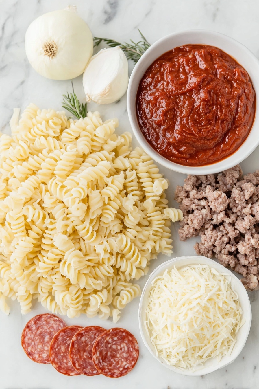 Flat lay of a mound of uncooked rotini pasta, a small pile of raw ground beef, a halved white onion showing its layers, a single whole garlic bulb clove, a few sprigs of dried Italian seasoning herbs, a white ceramic bowl filled with bright red pizza sauce, a small white bowl of clear water, a generous heap of shredded mozzarella cheese, and a neat stack of round pepperoni slices arranged symmetrically, all placed on a clean white marble surface, soft natural light, photo taken with an iPhone, professional food photography style, fresh ingredients, white ceramic bowls, no bottles, no duplicates, no utensils, no packaging --ar 2:3 --v 7 --p m7354615311229779997 - Baked Pizza Pasta Bake, easy pizza pasta casserole, cheesy baked pasta, Italian comfort food, quick dinner recipes