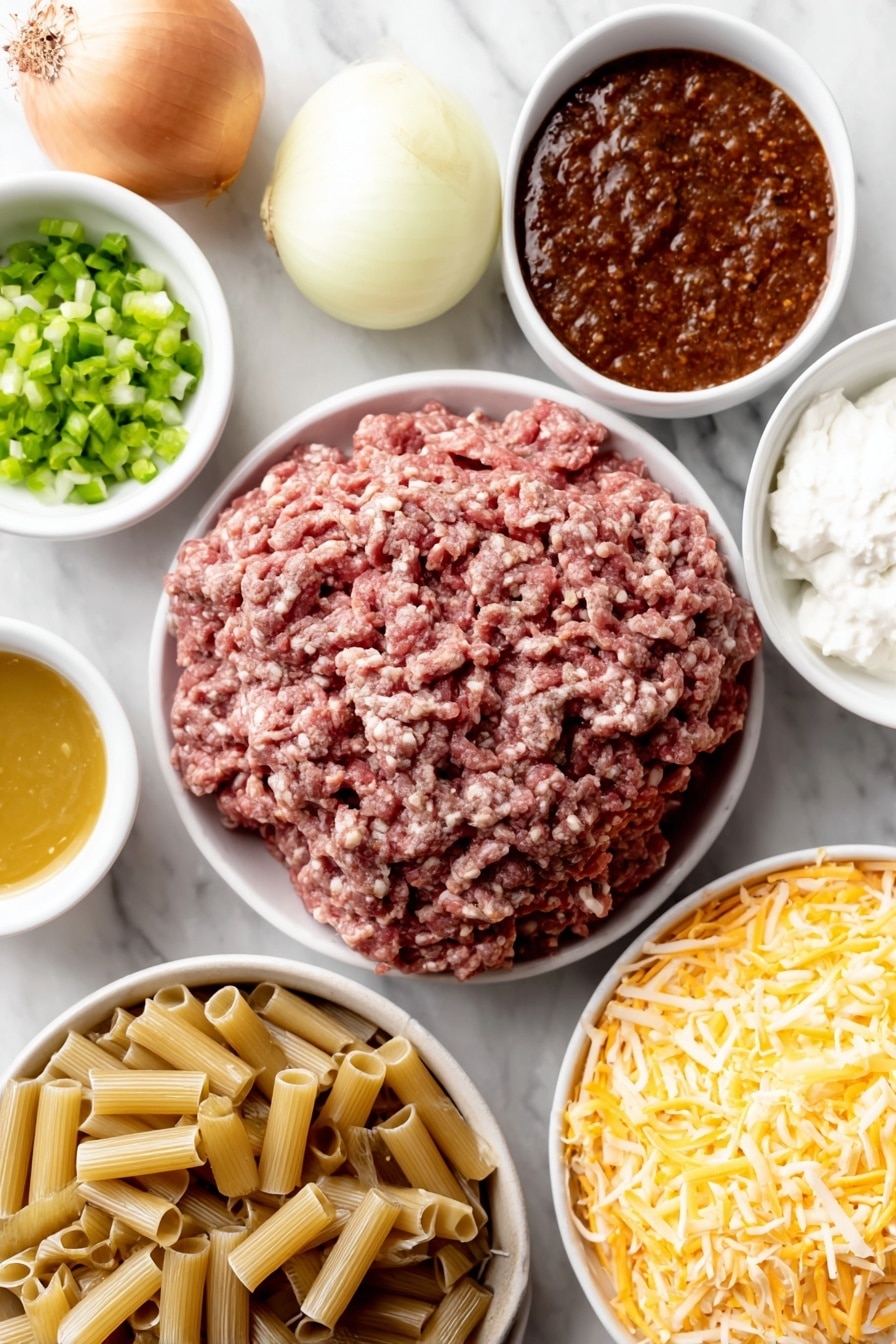 Flat lay of a small mound of fresh lean ground beef, a halved yellow onion with one half chopped, a few dried reddish-brown taco seasoning flakes scattered, a small white ceramic bowl filled with bright green chopped chilies, another small white bowl holding smooth, rich red enchilada sauce, a third small white bowl containing golden chicken broth, a neat pile of uncooked ziti pasta tubes, a small white bowl of thick creamy white sour cream, and a compact pile of shredded pale orange cheddar cheese, all arranged symmetrically on a clean white marble surface, soft natural light, photo taken with an iPhone, professional food photography style, fresh ingredients, white ceramic bowls, no bottles, no duplicates, no utensils, no packaging --ar 2:3 --v 7 --p m7354615311229779997 - Cheesy Enchilada Pasta, enchilada pasta recipe, cheesy pasta dishes, quick weeknight dinner, comforting pasta recipes